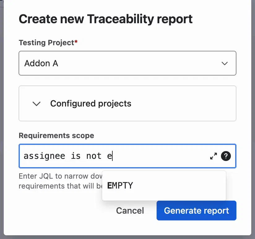 The Create new Traceability report window while a JQL query is typed into the Requirements scope field, with a value suggestion below the query.