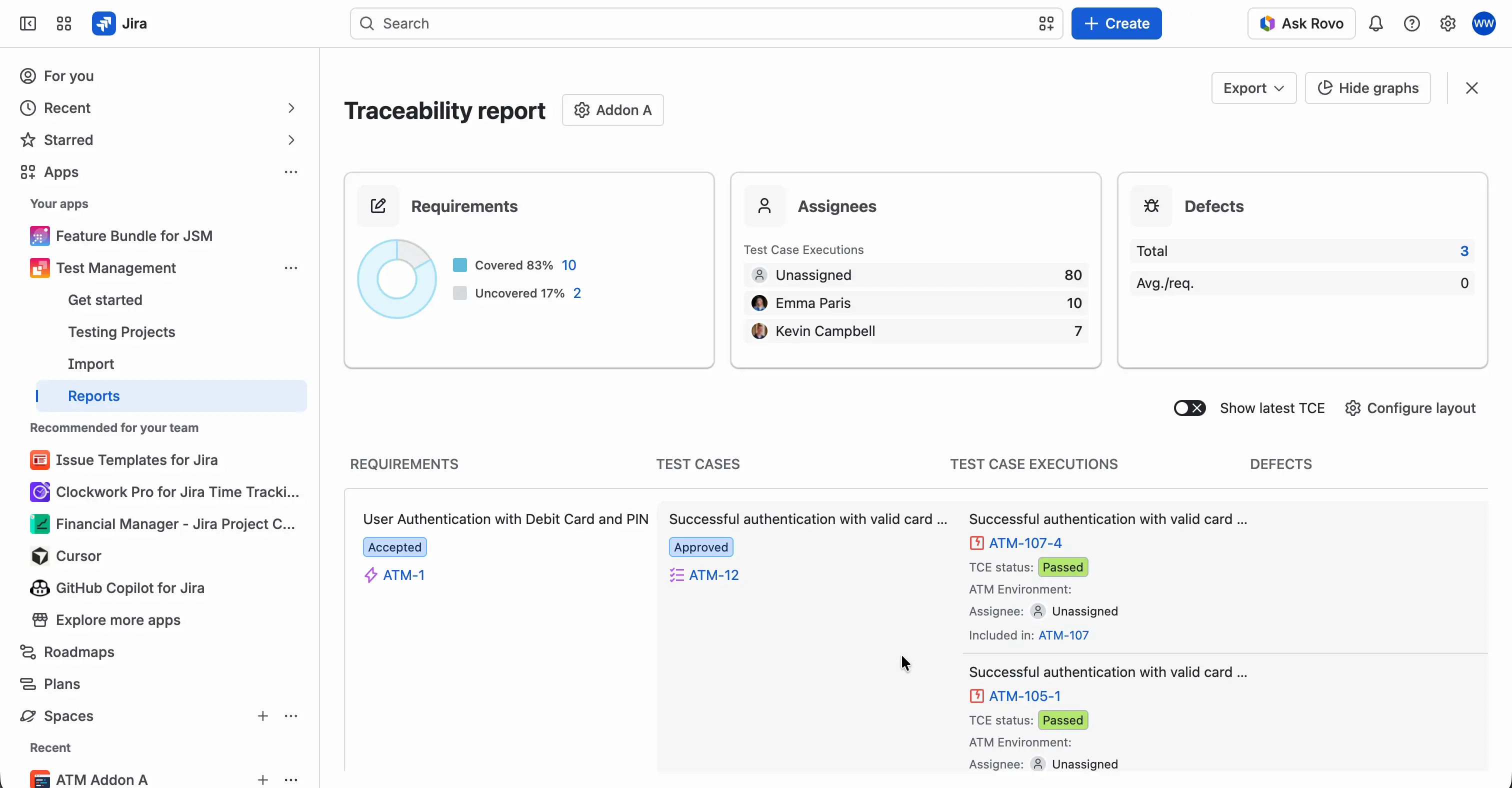 A generated Traceability report with the Requirements, Assignees, and Defects tiles at the top, the Show latest TCE toggle, Configure layout, and the REQUIREMENTS, TEST CASES, TEST CASE EXECUTIONS, and DEFECTS columns. Each requirement is listed with its Test Cases and their executions in different statuses.