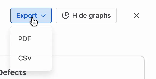 The top-right corner of the Traceability report with the Export menu open, showing the PDF and CSV options next to the Hide graphs button.