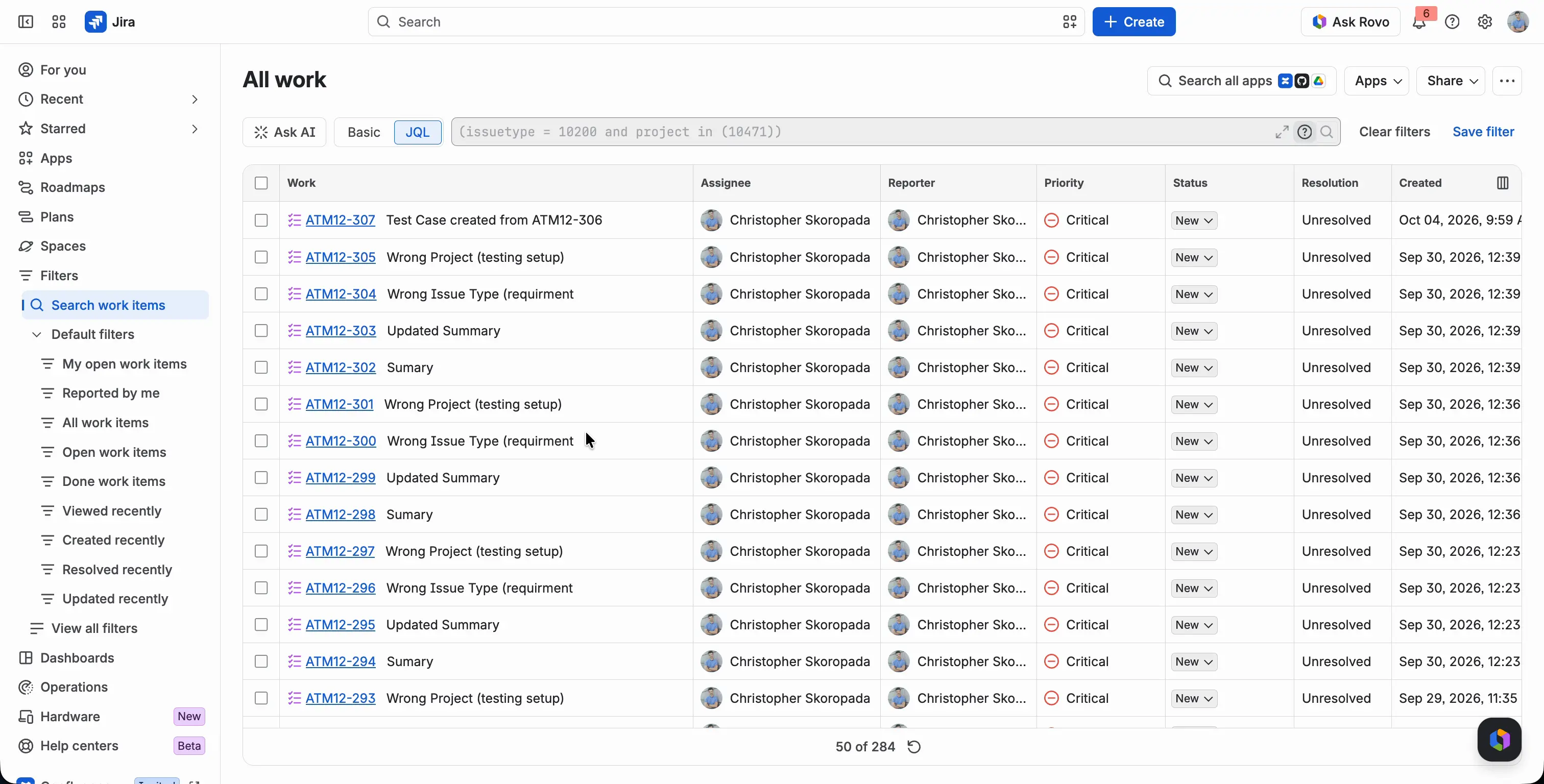 The Jira work item search opened by clicking the All Test Cases counter. The JQL query selects the Test Case work type in the space of the Testing Project.
