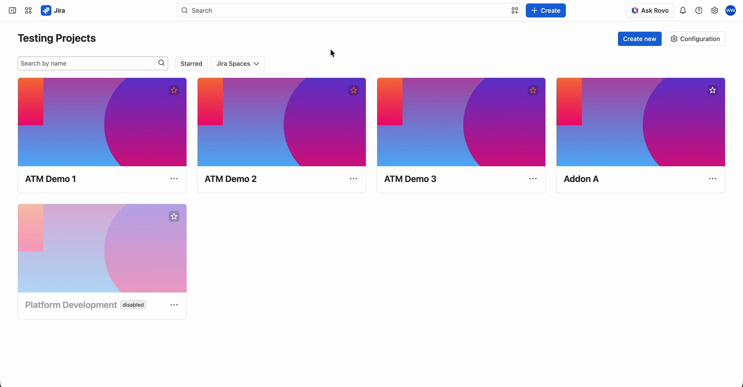 The Testing Projects page with Testing Projects shown as tiles. The Create new and Configuration buttons are in the top right corner. The Search by name, Starred, and Jira Spaces filters are above the list.