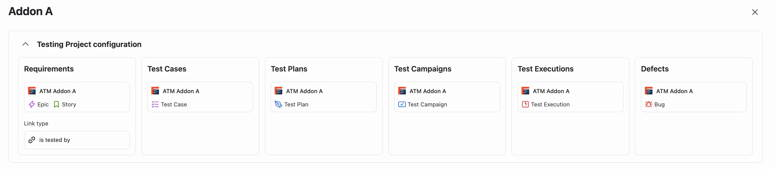 The Testing Project configuration section of a Testing Project page with the Requirements, Test Cases, Test Plans, Test Campaigns, Test Executions, and Defects tiles. The Requirements tile also shows the link type is tested by.