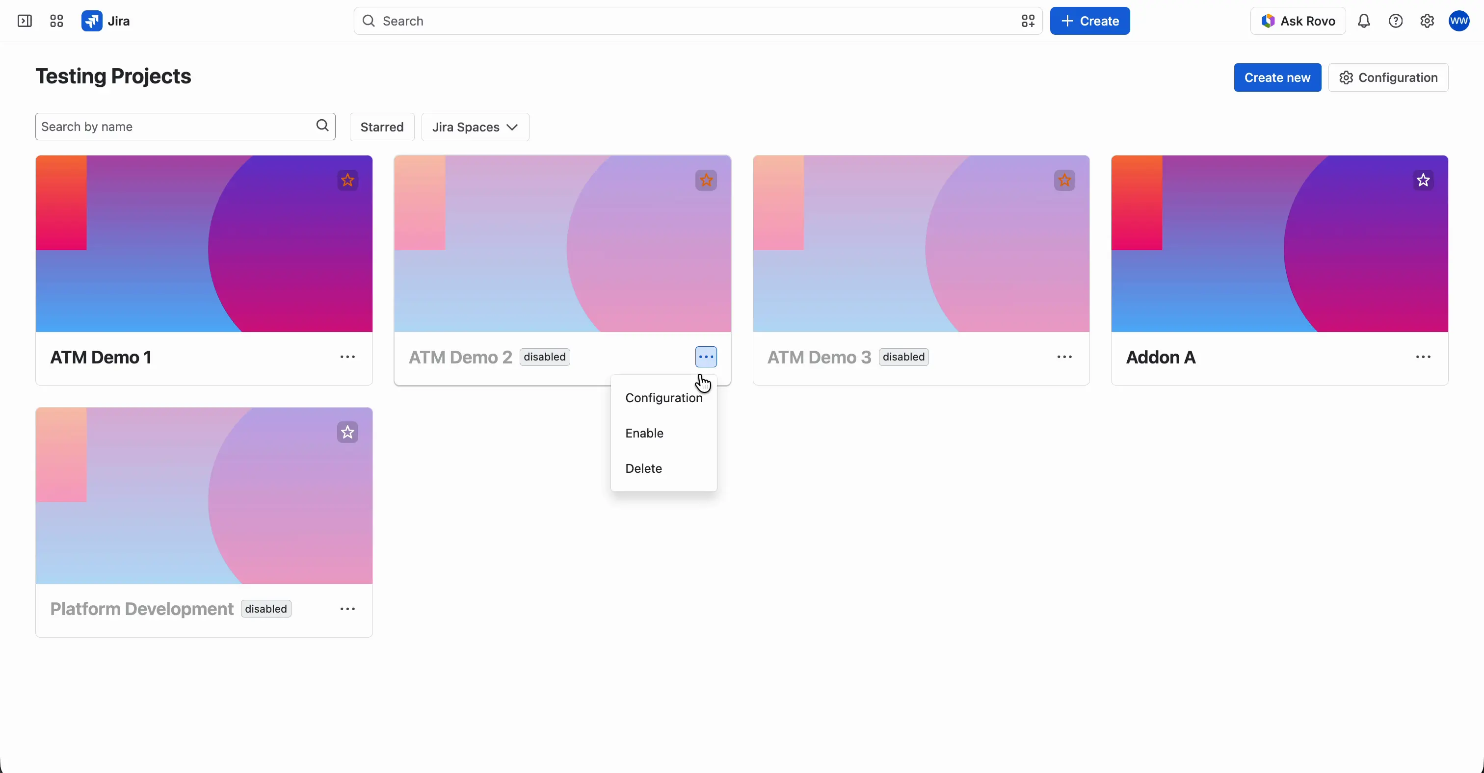The Testing Projects page with the menu of a disabled tile open, showing Configuration, Enable, and Delete.
