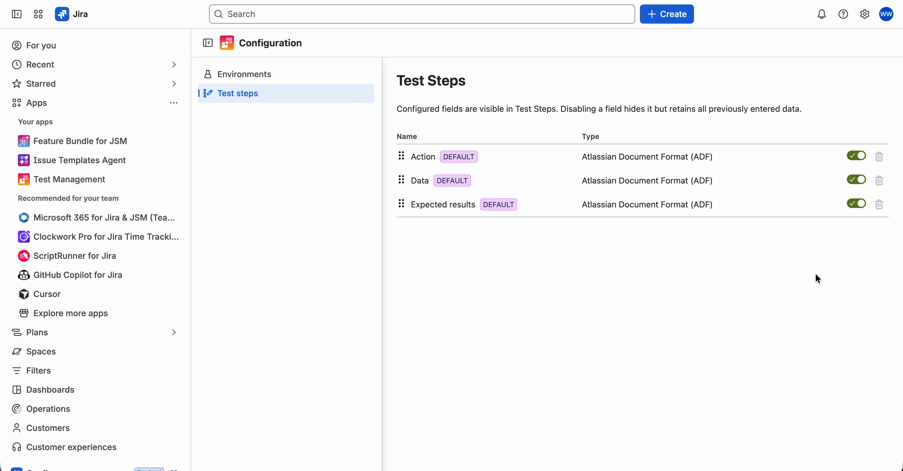 The Test Steps page in Configuration. The default fields Action, Data, and Expected Result are listed in order, each with a drag handle and a toggle to turn it on or off.
