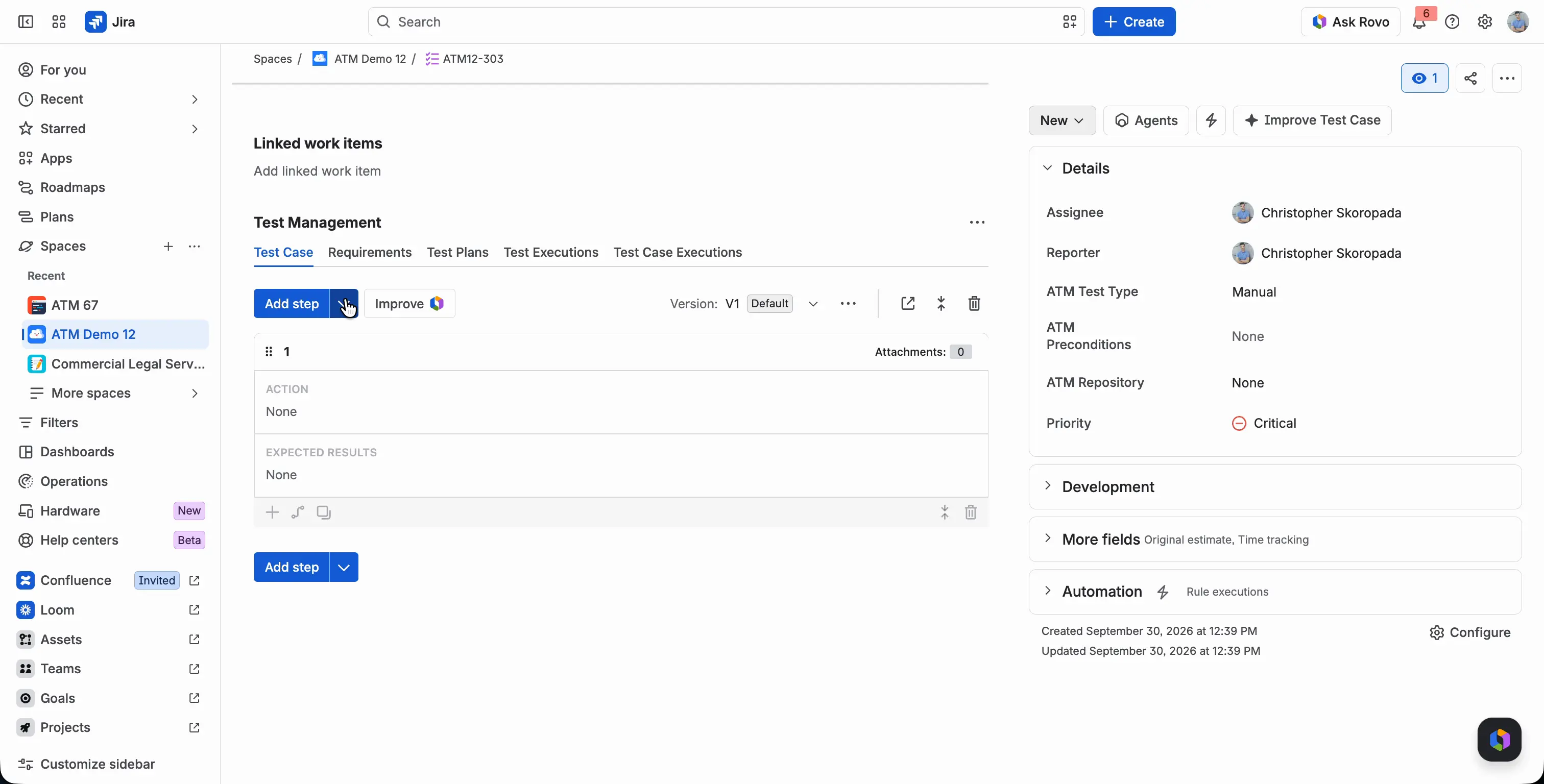 A Test Case step with only the Action and Expected Result fields. The Data field was turned off in the Test steps configuration, so new steps don't show it.