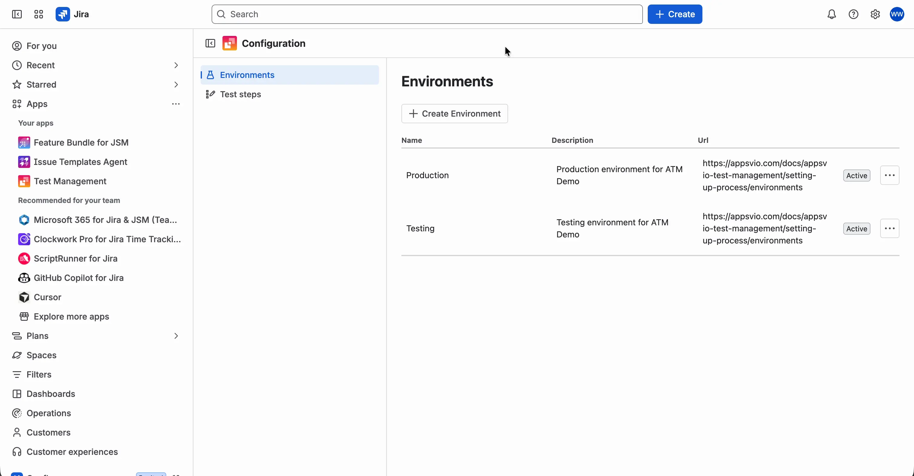 The Environments section of the Configuration page. The table lists environments with their Name, Description, Url, and status, and each row has a … menu. The Create Environment button is above the table.
