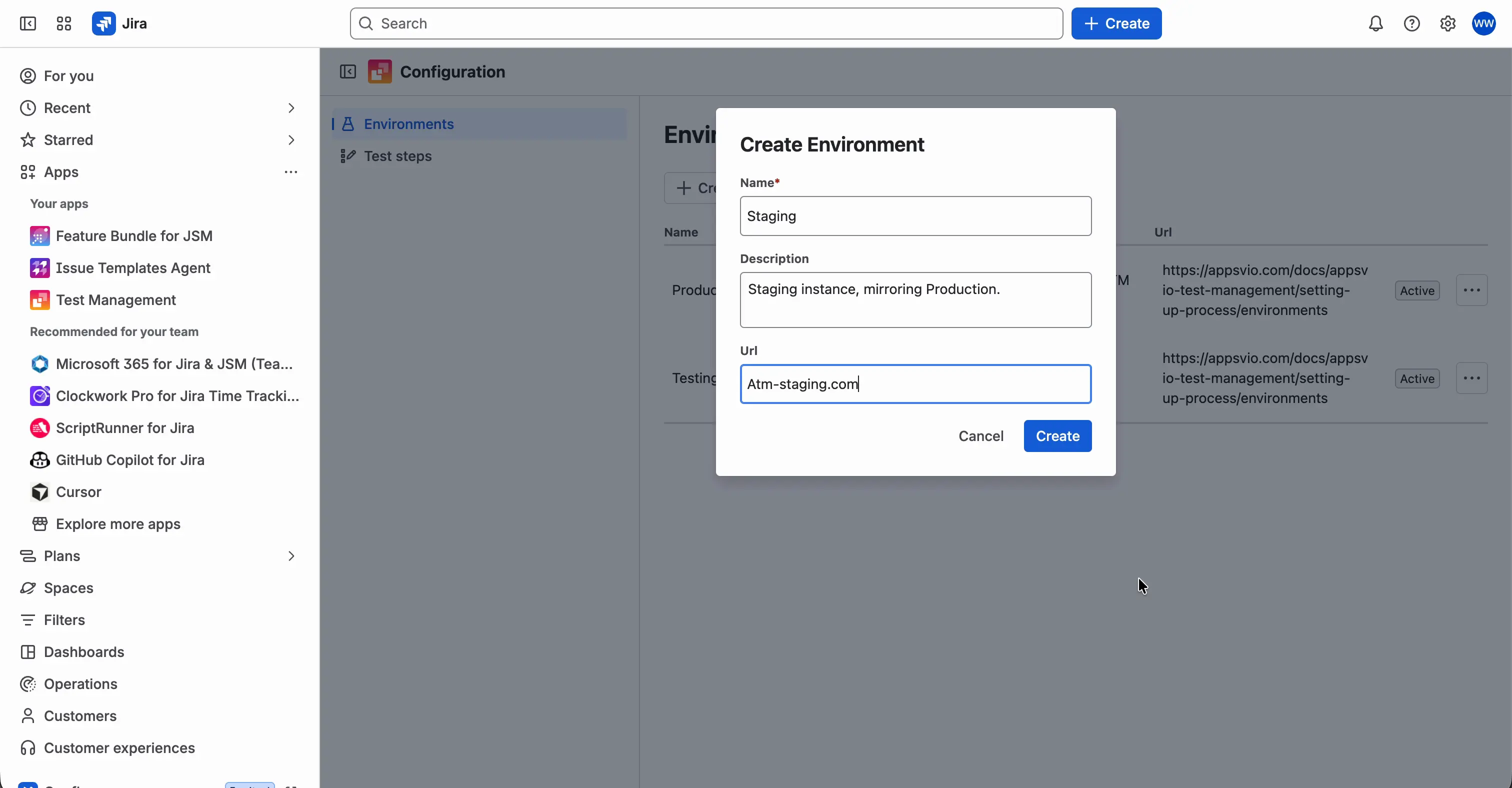 The Create Environment window with the required Name field, the Description and Url fields, and the Cancel and Create buttons.