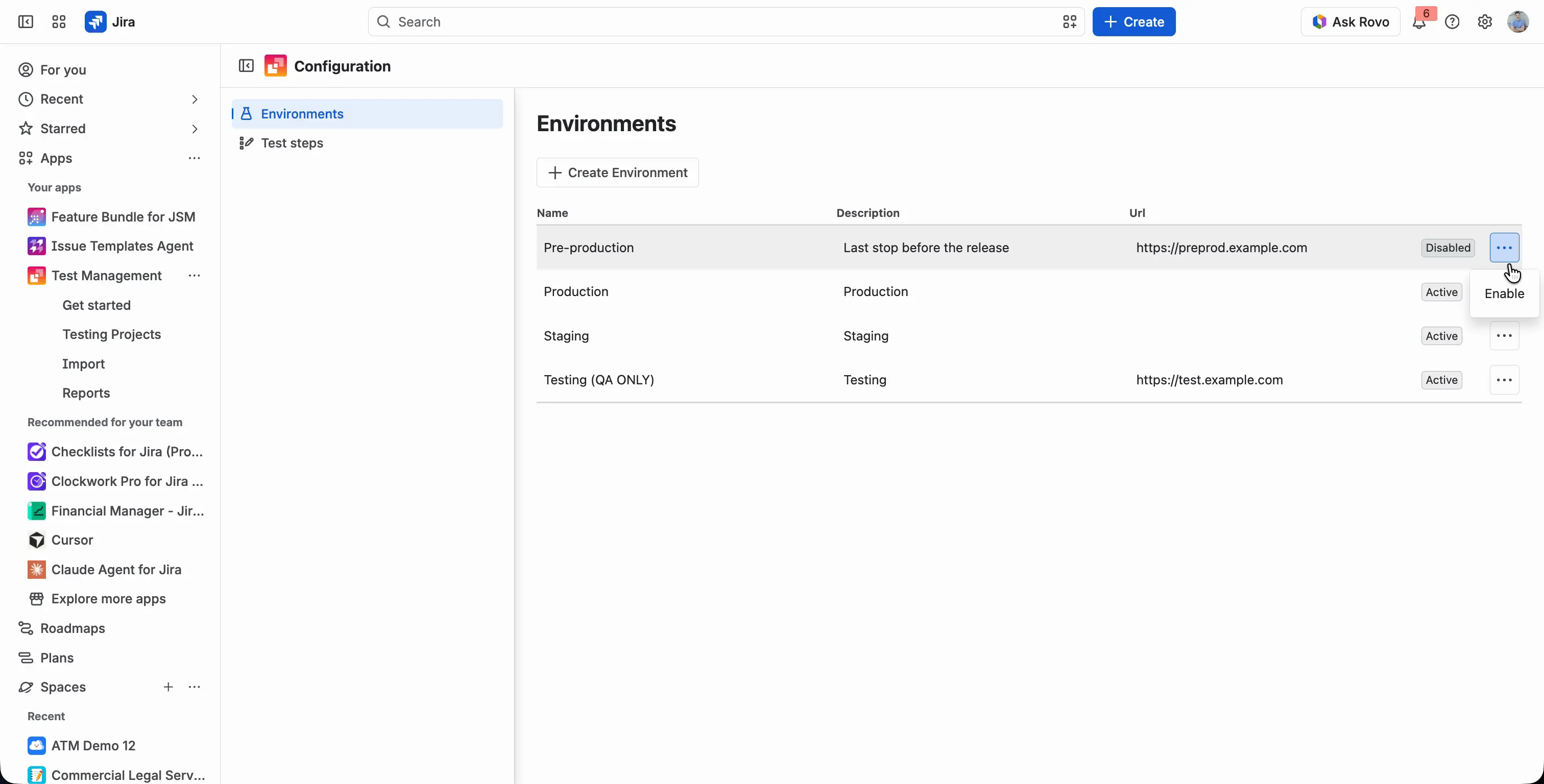 The … menu of a disabled environment in the Environments table, with the Enable option that turns the environment back on.