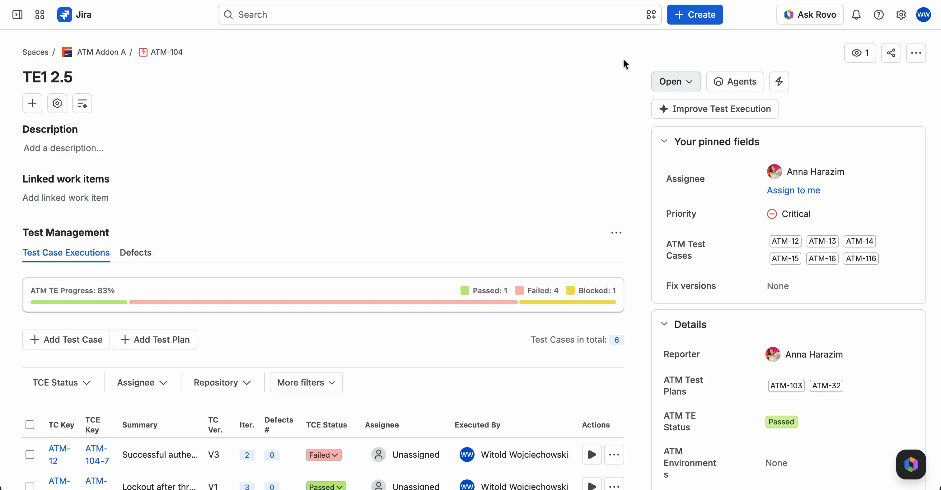 A Test Execution in the Jira work item view. Your pinned fields shows ATM Test Cases, and Details shows ATM Test Plans, ATM TE Status, and ATM Environments.