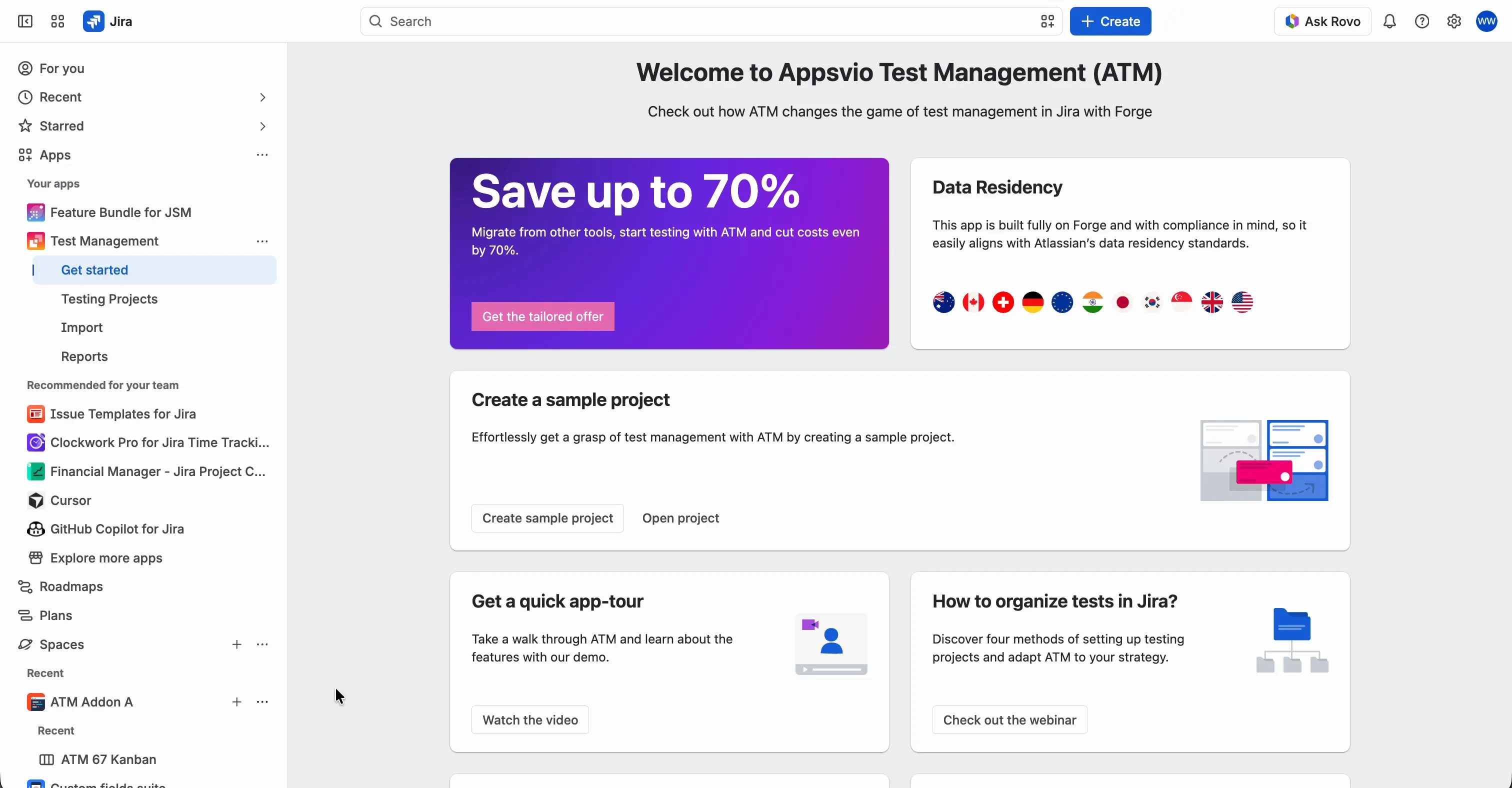 The Get started page of ATM, opened from Apps > Test Management in the Jira sidebar. The Create a sample project tile has the Create sample project and Open project buttons.
