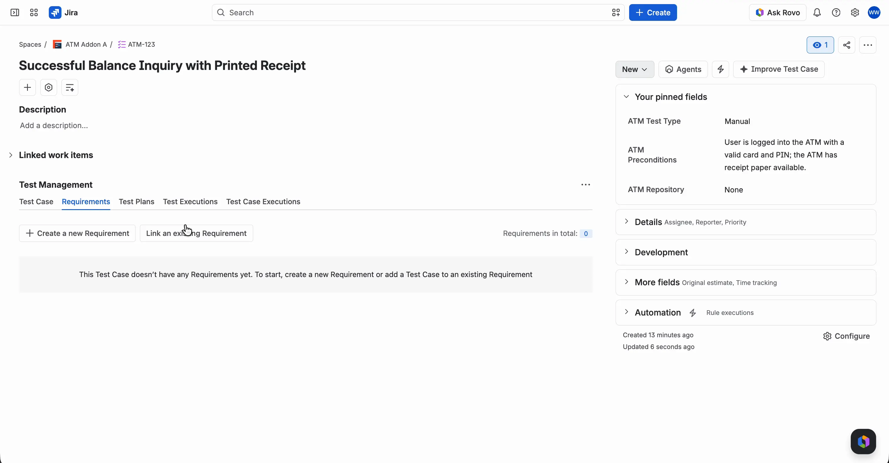The Requirements tab of a Test Case with no requirements yet. It shows the Create a new Requirement and Link an existing Requirement buttons, Requirements in total 0, and the empty-state message.