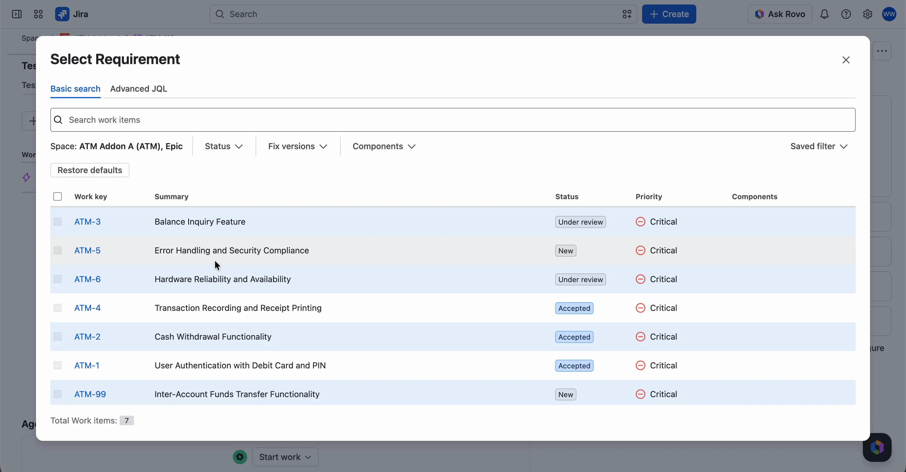 The Select Requirement window on the Basic search tab. The filter is set to the space and the Epic work type, and the list shows epics with their key, summary, status, and priority.