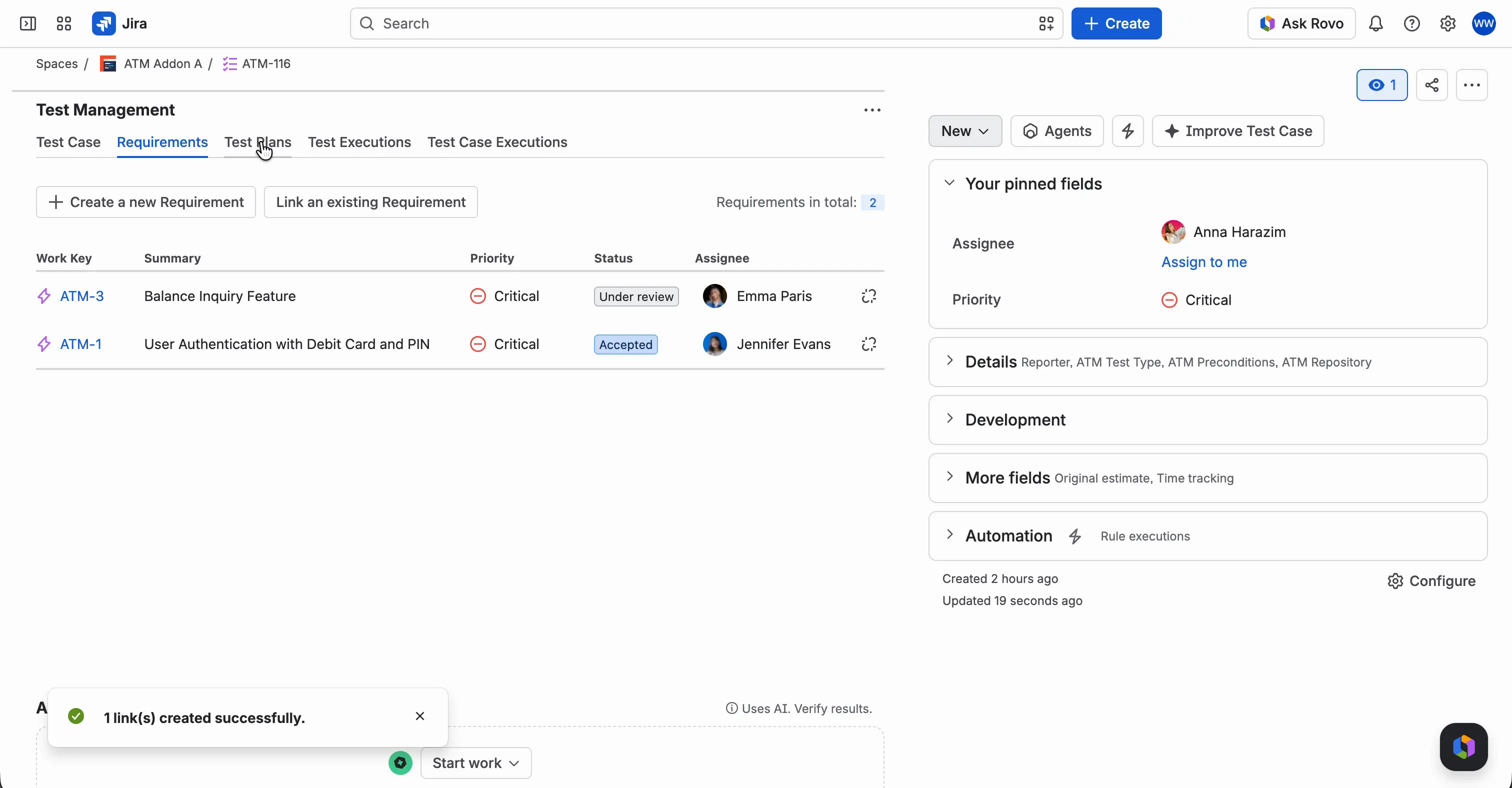The Requirements tab with two linked requirements. The table lists the epics with key, summary, priority, status, and assignee, and the message 1 link(s) created successfully is shown after the last link.