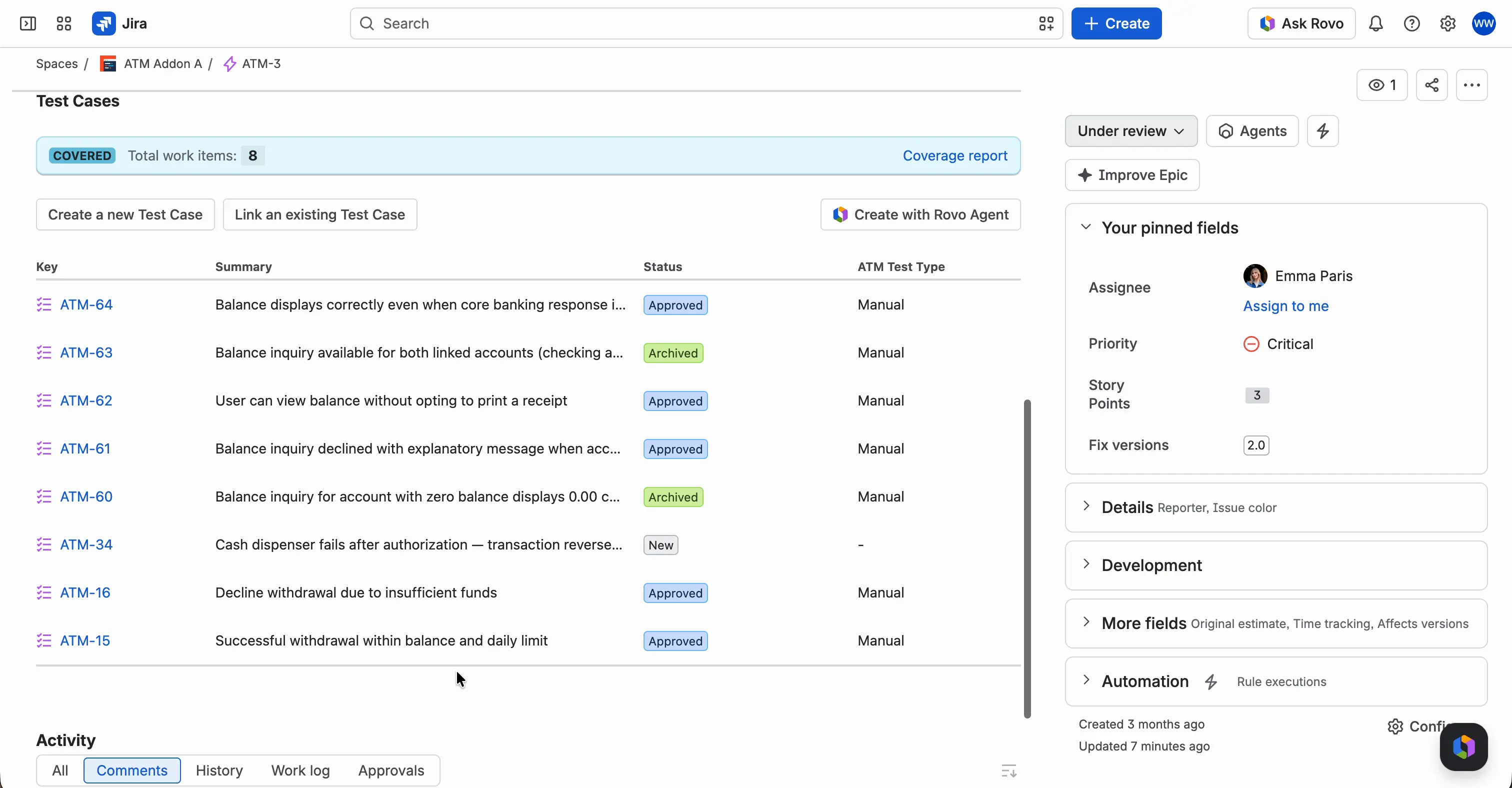 The Test Management panel on an Epic used as a requirement. It shows the Test Cases header with the COVERED badge, Total work items, the Coverage report link, three buttons, and the table of linked Test Cases.