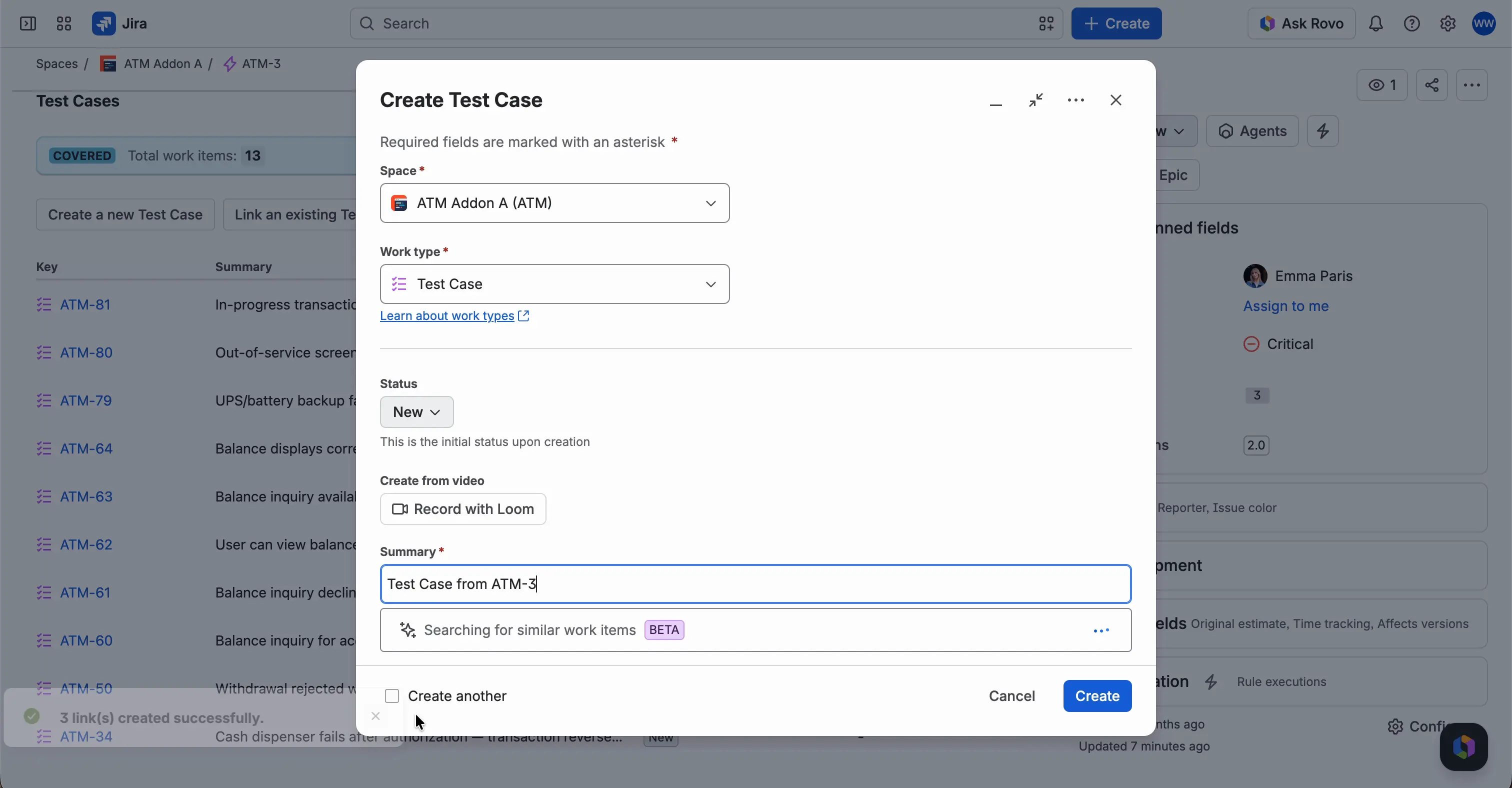 The Create Test Case window opened from a requirement. The work type is Test Case, the status is New, and the Summary is filled in as Test Case from and the requirement key.