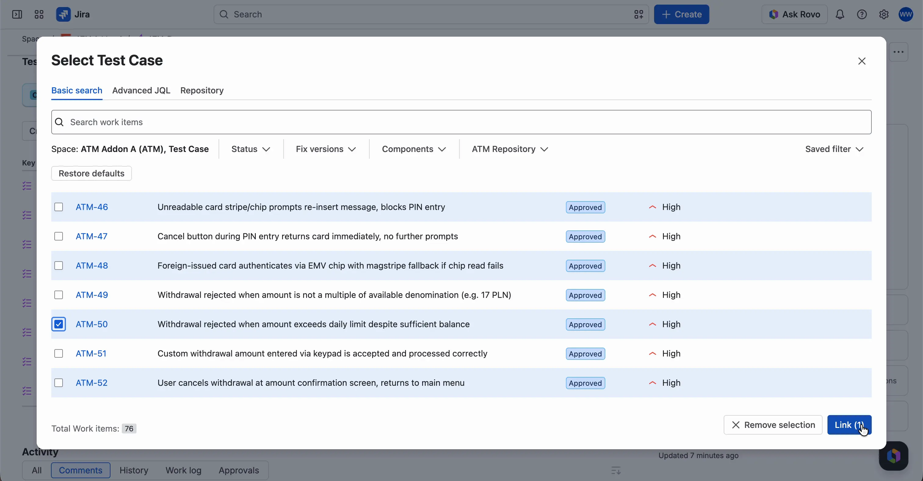 The Select Test Case window with one Test Case ticked, and the Remove selection and Link (1) buttons at the bottom.