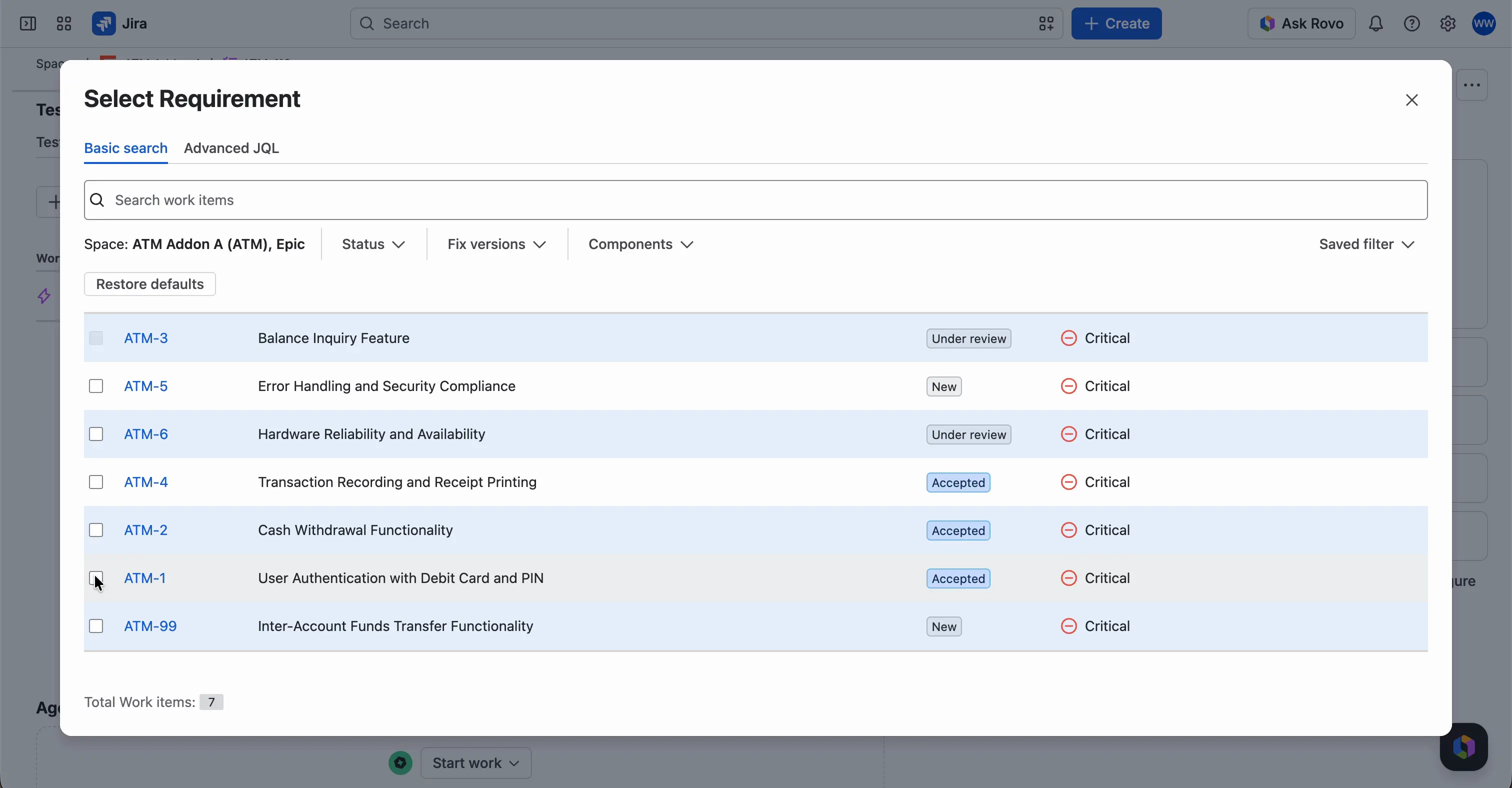 The Select Requirement window filtered to the Epic work type. The requirement that is already linked to the Test Case has an inactive checkbox.