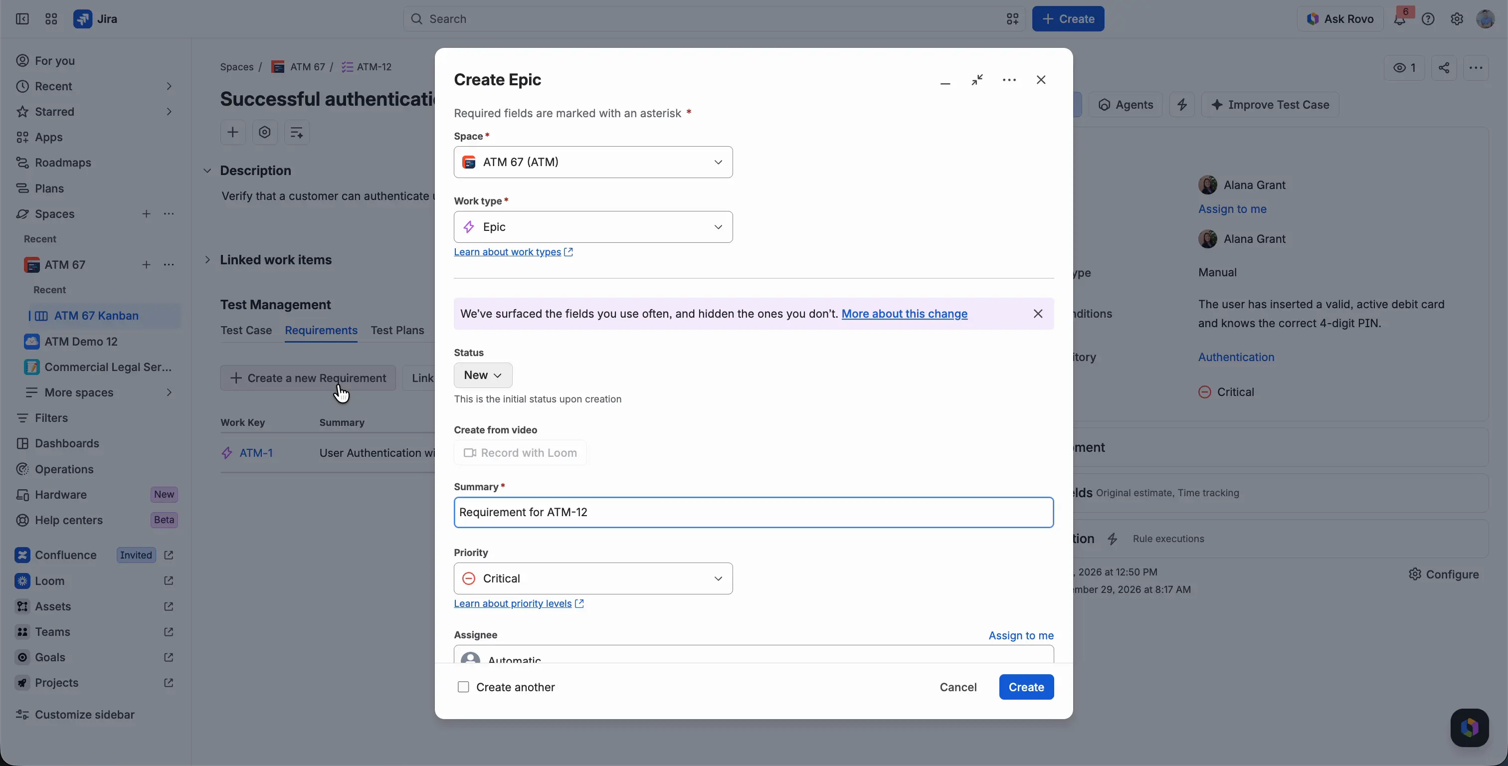 The Create window for the Epic work type, opened with Create a new Requirement on a Test Case. The Summary is filled in as Requirement for and the Test Case key.