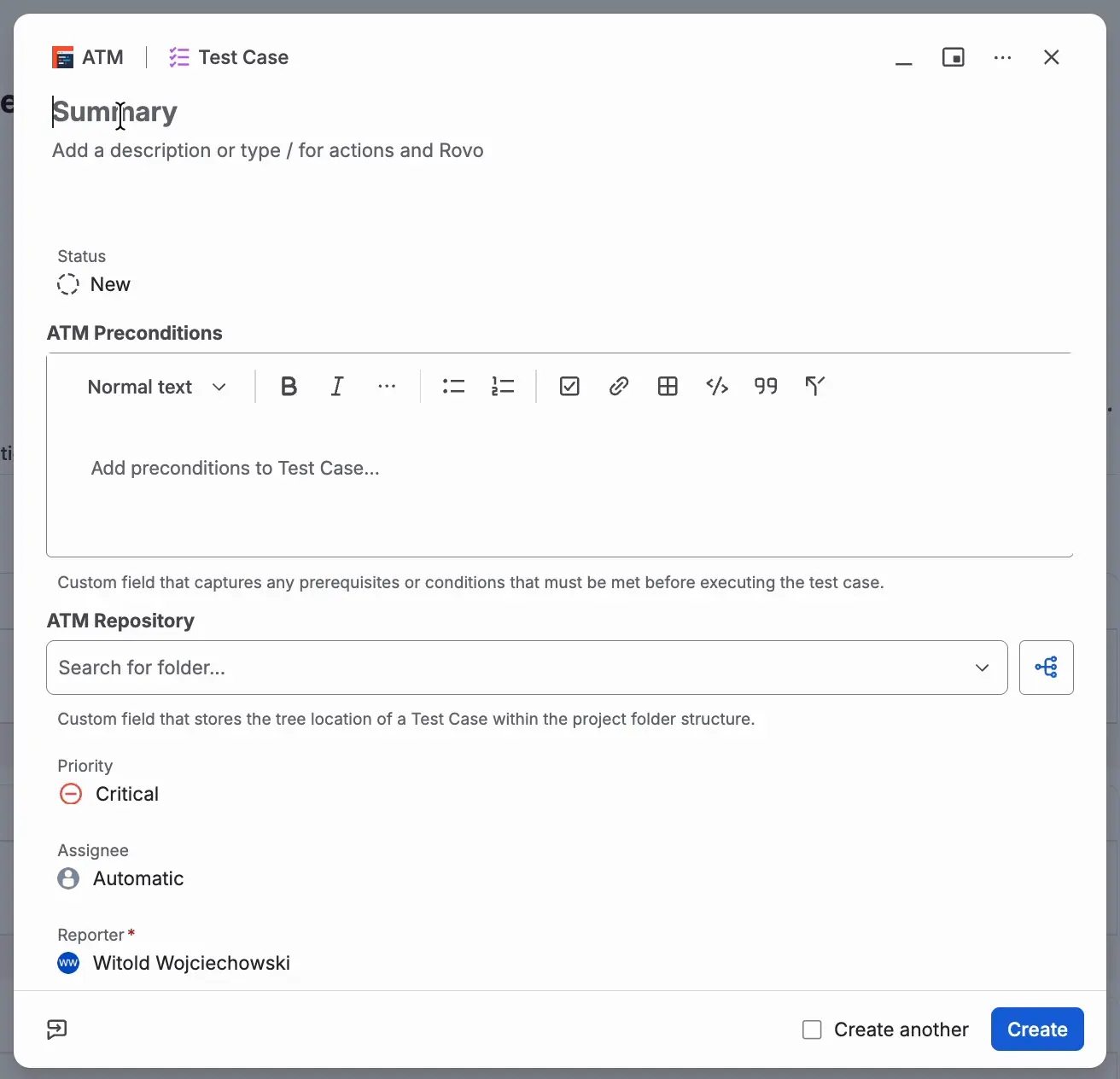 The Jira Create dialog for the Test Case work type with the Summary field, Status New, the ATM Preconditions editor, the ATM Repository field, Priority, Assignee, Reporter, and the Create button.