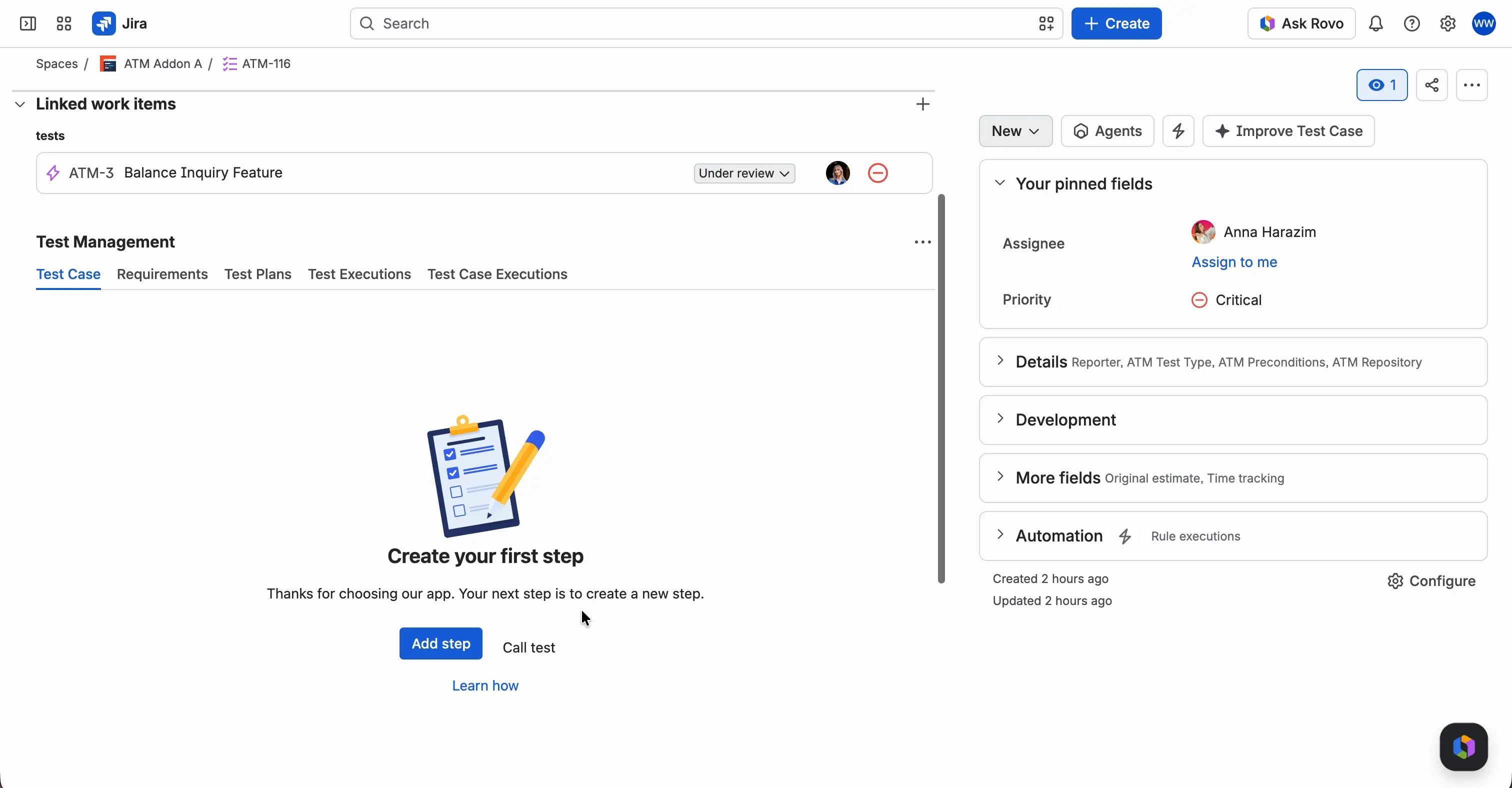 A new Test Case with the Test Management panel open on the Test Case tab. It shows Create your first step with the Add step and Call test buttons and the Learn how link.