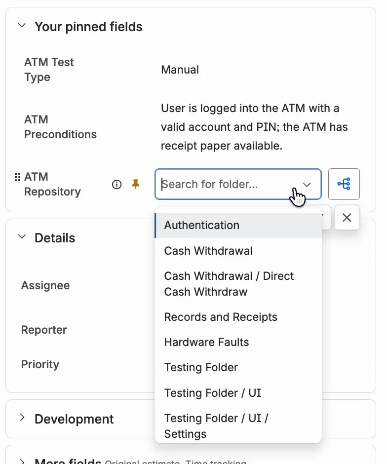 Close-up of the ATM Repository field in edit mode on a Test Case. The Search for folder list shows folders and subfolder paths such as Testing Folder / UI, and a tree icon is next to the field.