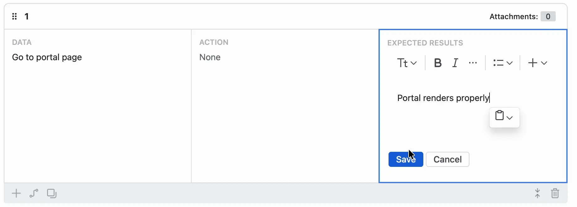 Close-up of a test step in edit mode. The Expected Result field shows the text editor toolbar and the Save and Cancel buttons, while Data already holds text.