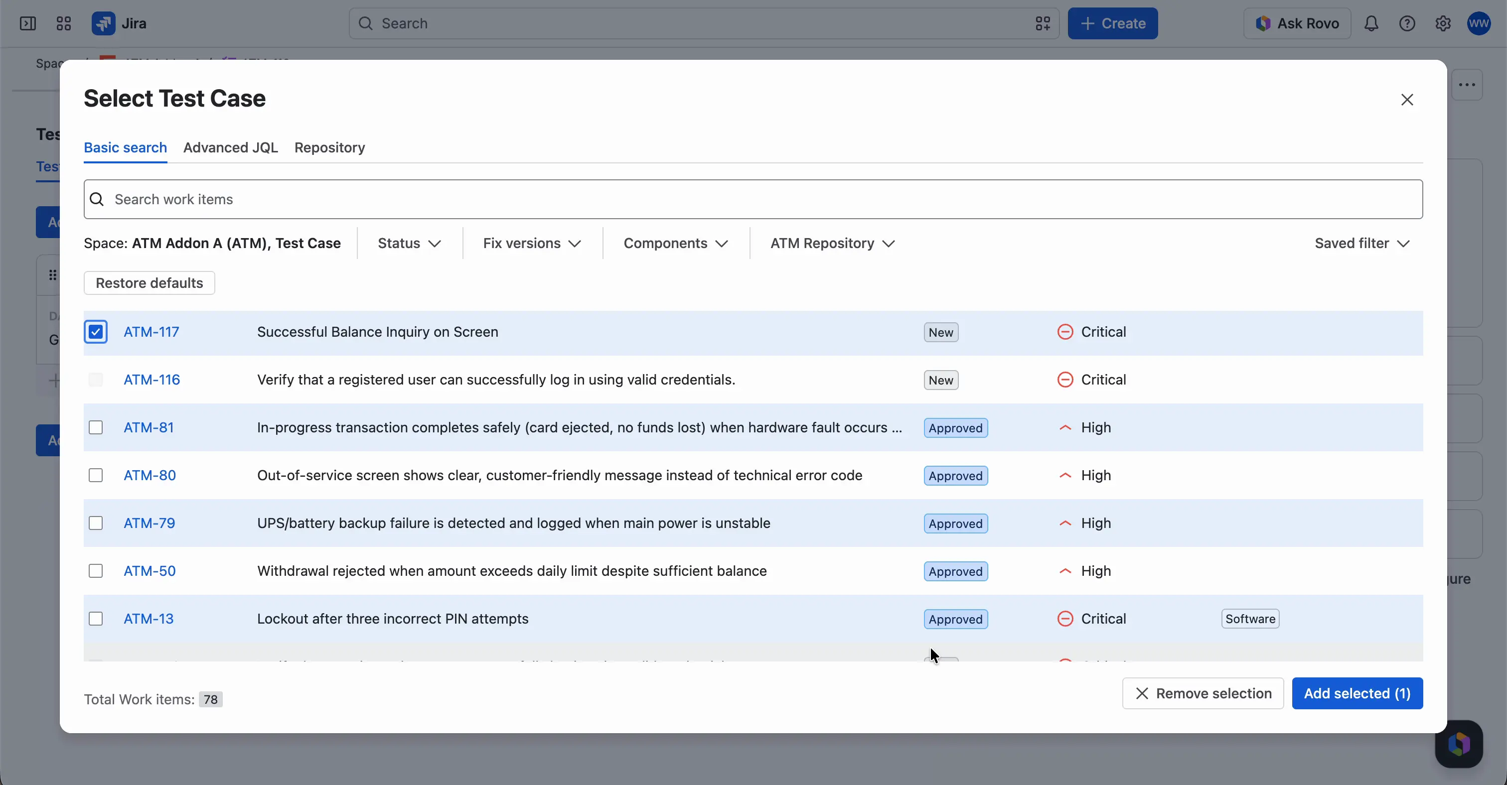 The Select Test Case window on the Basic search tab with the Advanced JQL and Repository tabs, filters for Space, Status, Fix versions, Components, and ATM Repository, and a list of Test Cases with one ticked.