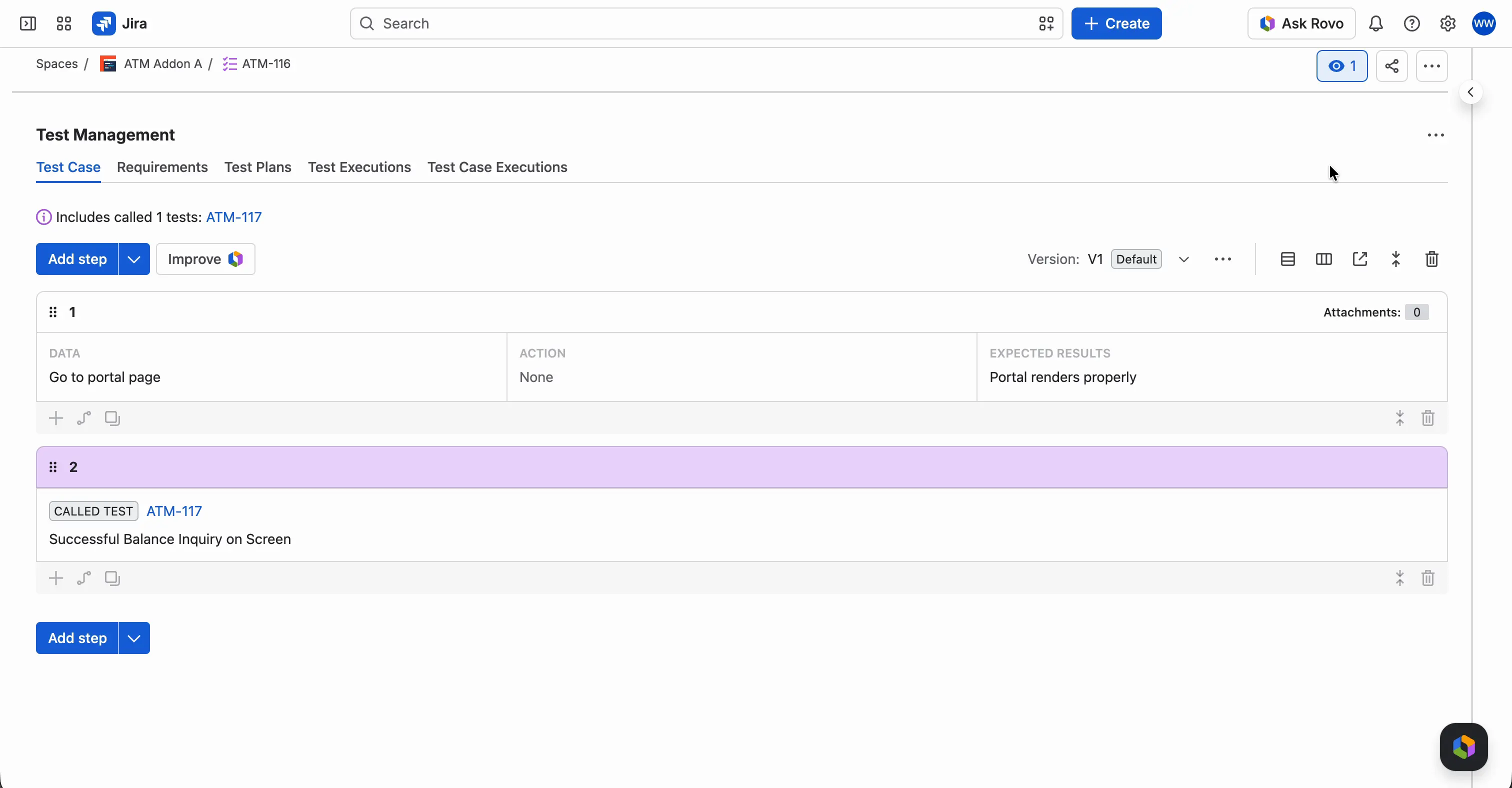 A Test Case whose last step is a called test. The step has a colored header with the CALLED TEST label, the key and summary of the called Test Case, and the line Includes called 1 tests above the steps.
