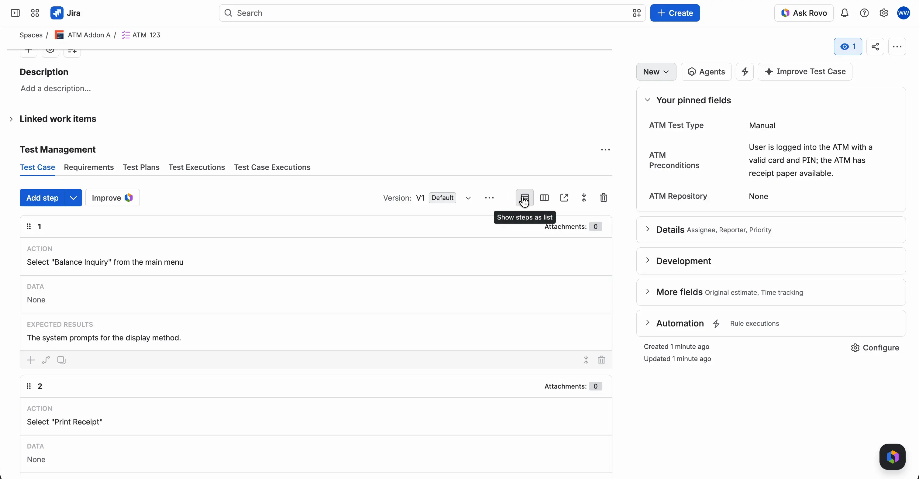 Steps in the grid layout, with Action, Data, and Expected Result one under another. The pointer is on the layout icon with the tooltip Show steps as list.