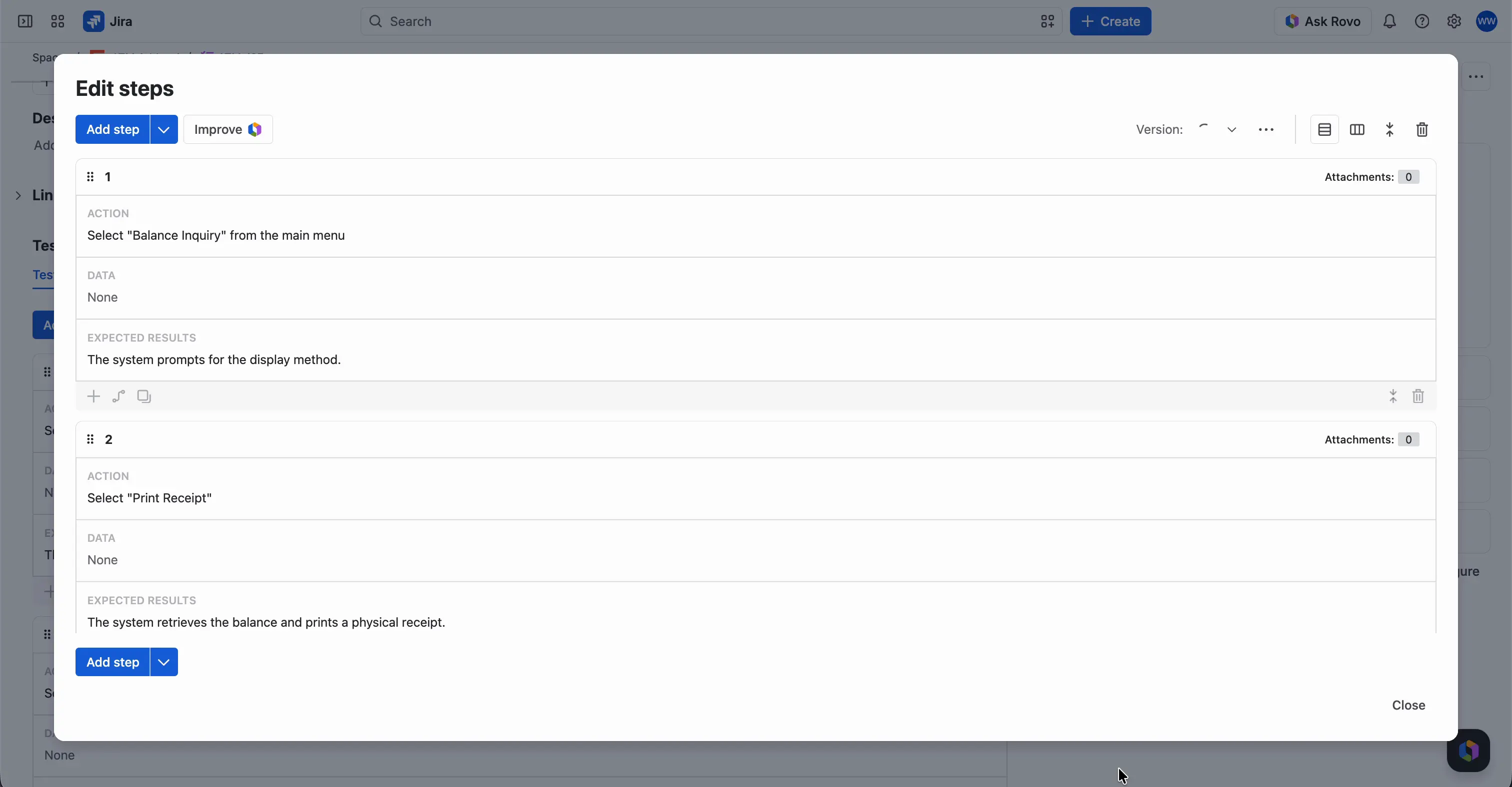 The Edit steps window with the steps of the Test Case, the Add step and Improve buttons, the version selector, the layout icons, and the Close button.