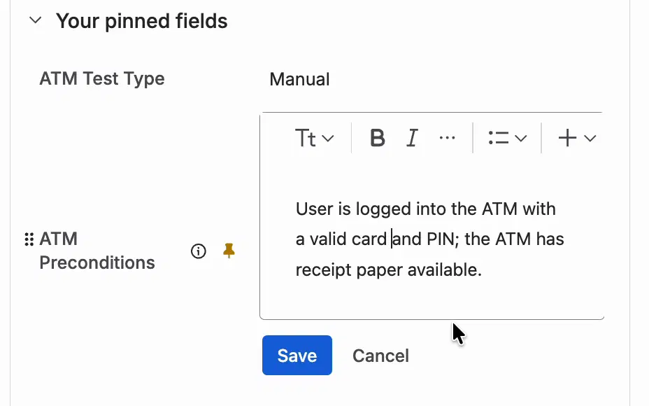 The ATM Preconditions field of a Test Case in edit mode, with a formatting toolbar and the Save and Cancel buttons below the editor.