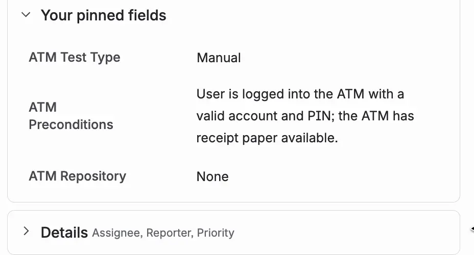 The same Test Case after saving. The ATM Preconditions field shows the entered text, next to the ATM Test Type and ATM Repository fields.