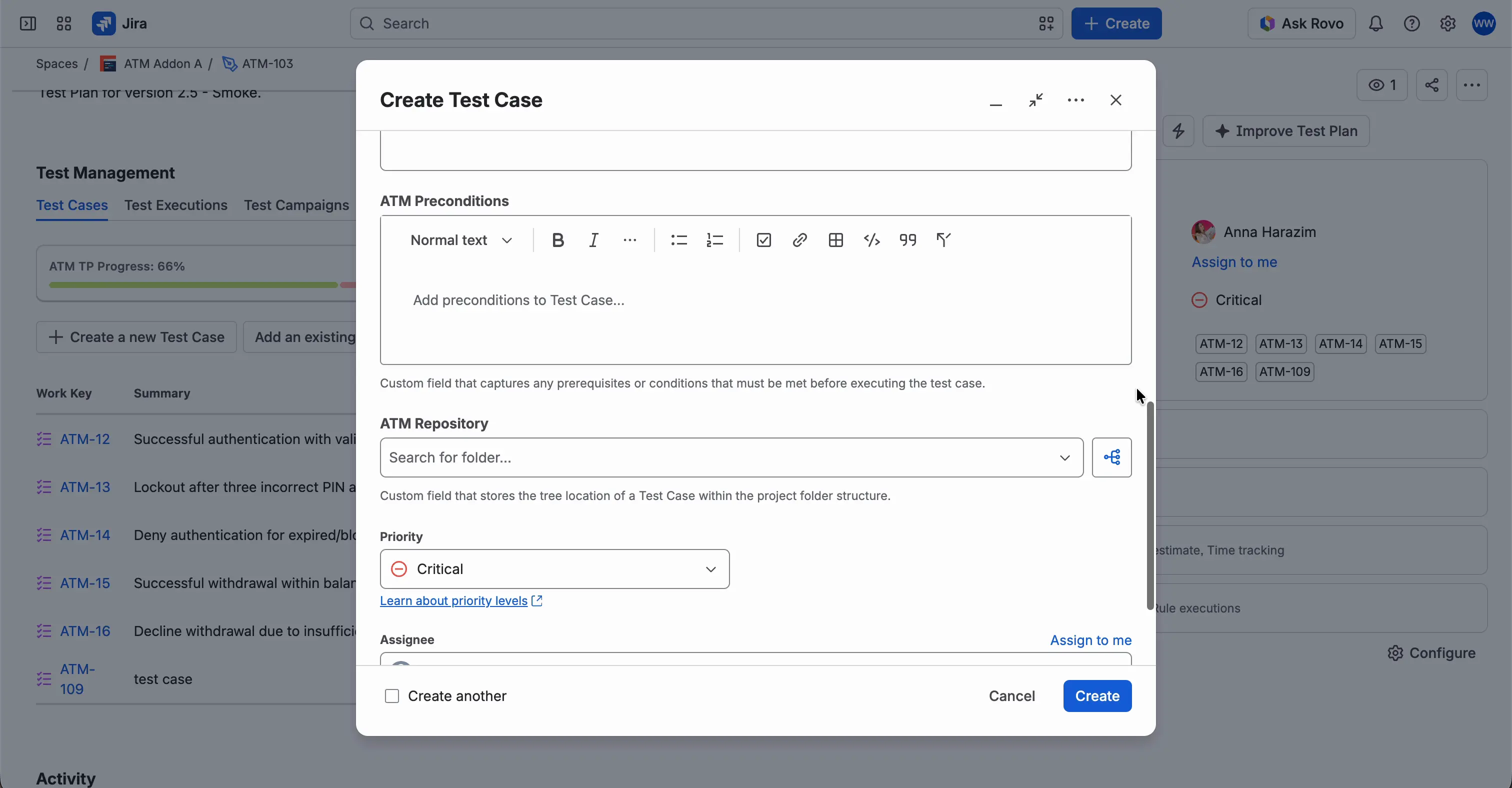 The Create screen of a Test Case with the ATM Preconditions editor, its toolbar, and its placeholder text. The ATM Repository field is below it.