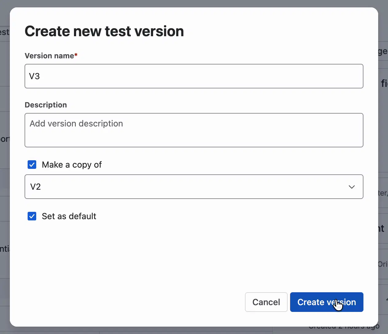 The Create new test version window with the Version name V3, an empty Description, Make a copy of ticked with V2 selected, Set as default ticked, and the Cancel and Create version buttons.
