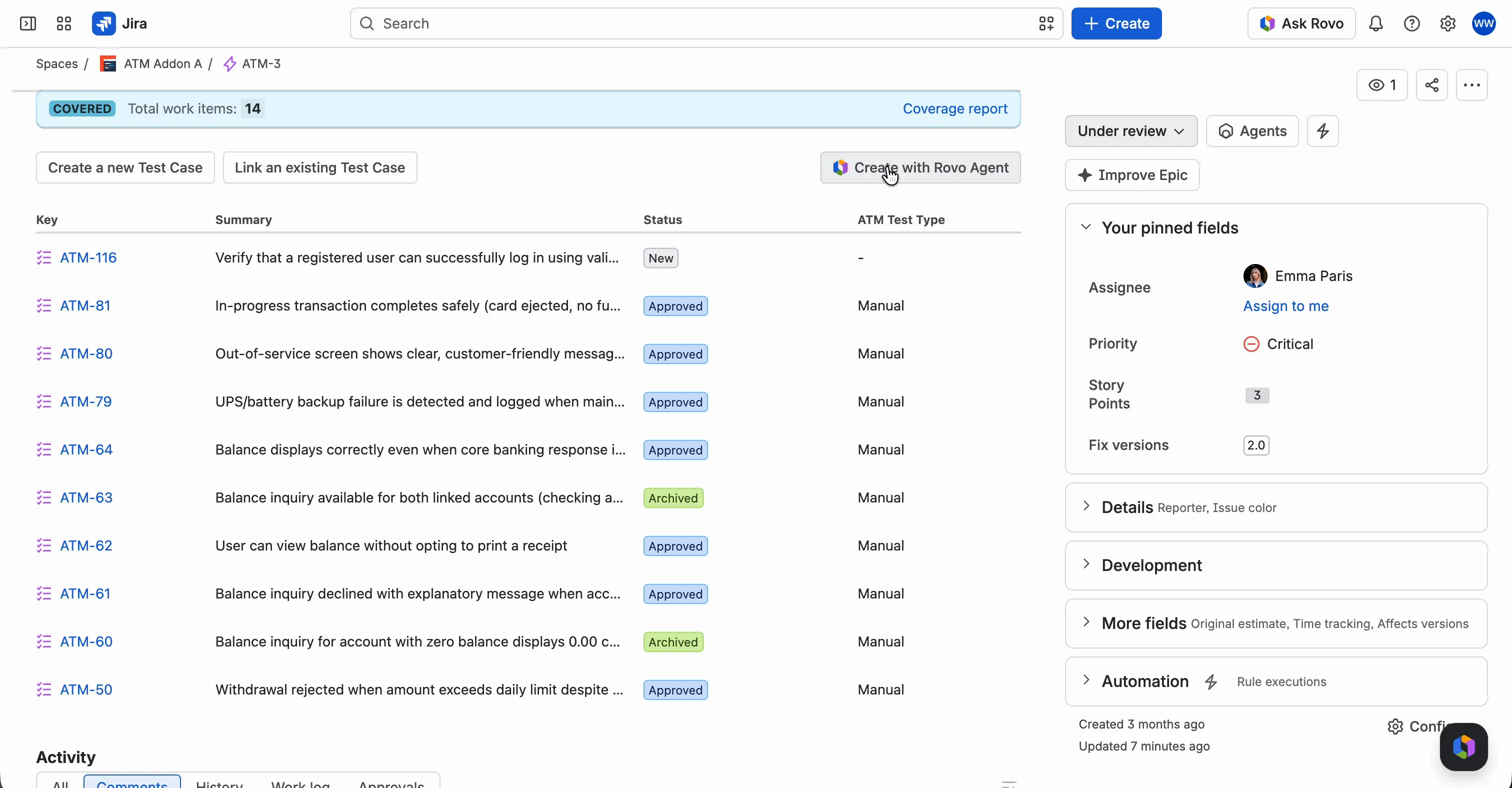 The Test Management panel on a requirement, with the Create with Rovo Agent button above the table of linked Test Cases.