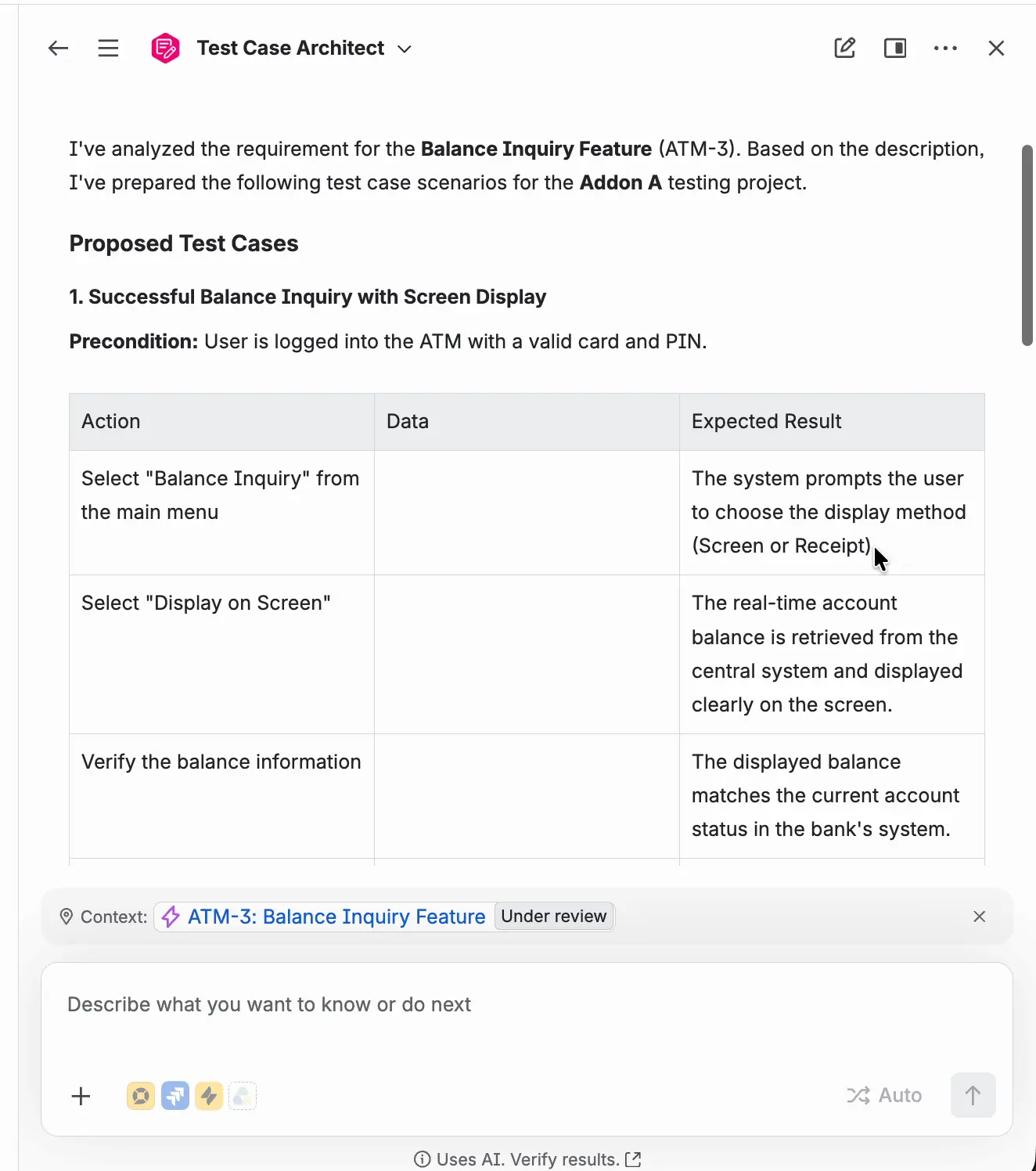 The agent's answer in the Rovo panel: a proposed Test Case with its precondition and a table of Action, Data, and Expected Result.