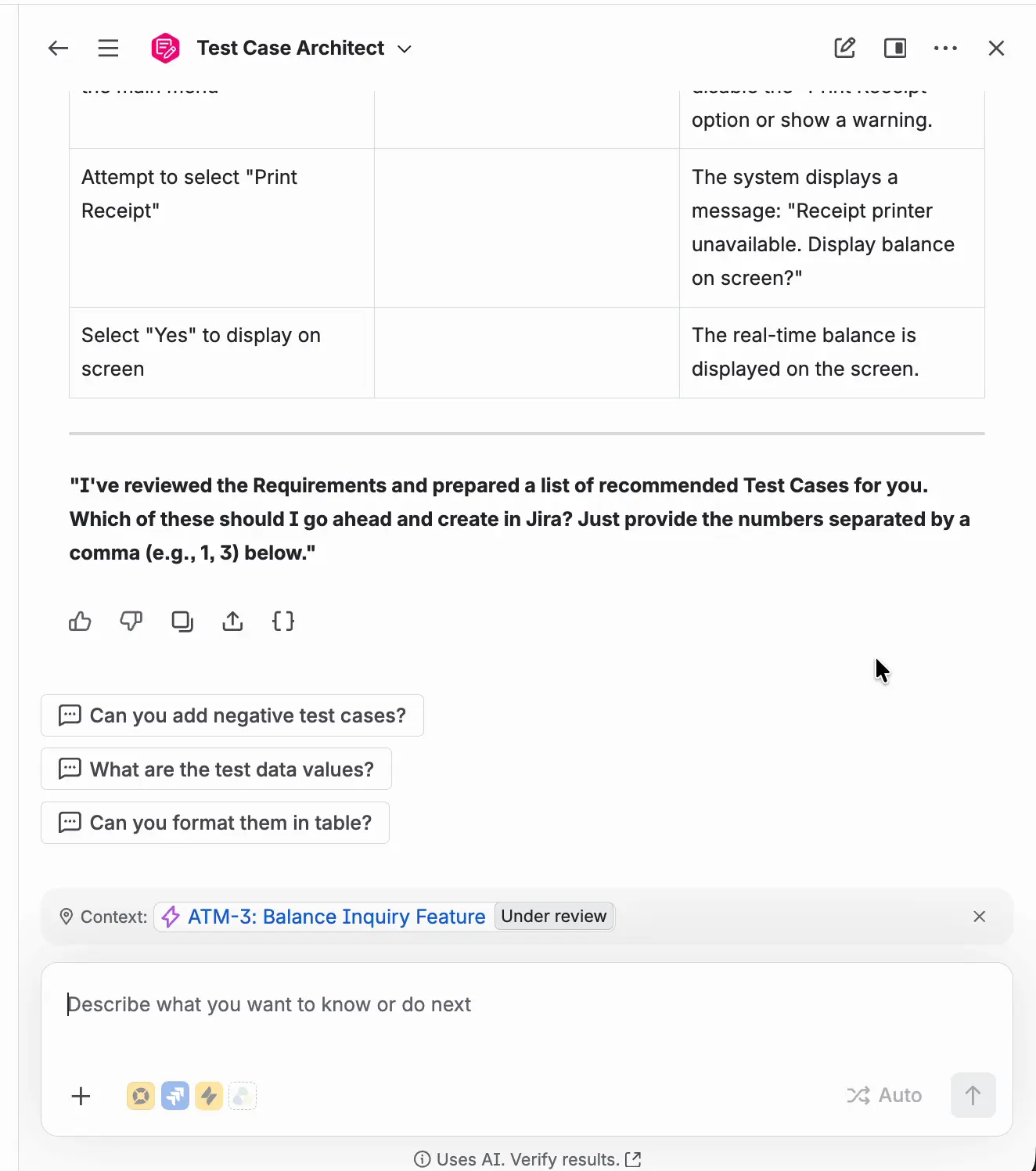 The agent asks which of the proposed Test Cases to create, by number. Suggested follow-up questions are listed below the answer.