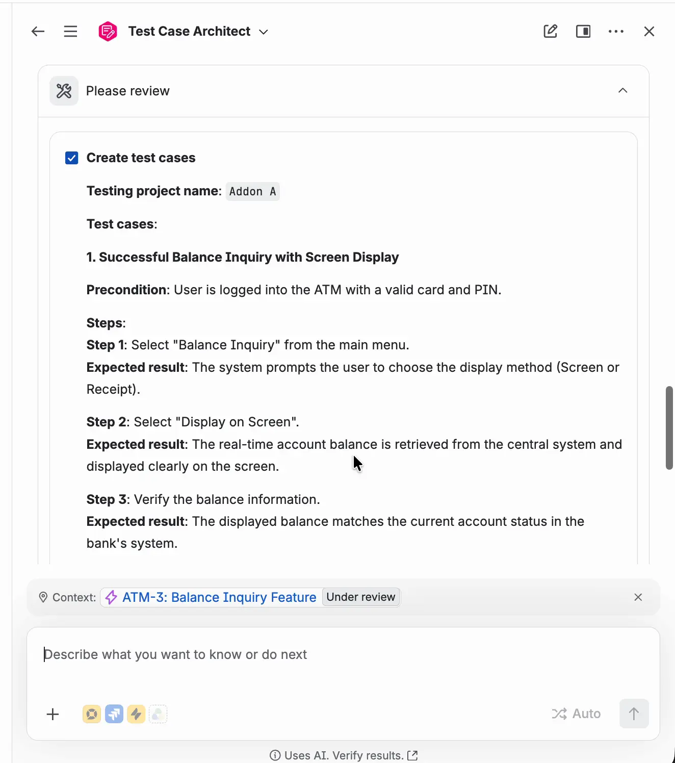 The Please review card with the Create Test Cases action, the Testing Project name, and the first selected Test Case.