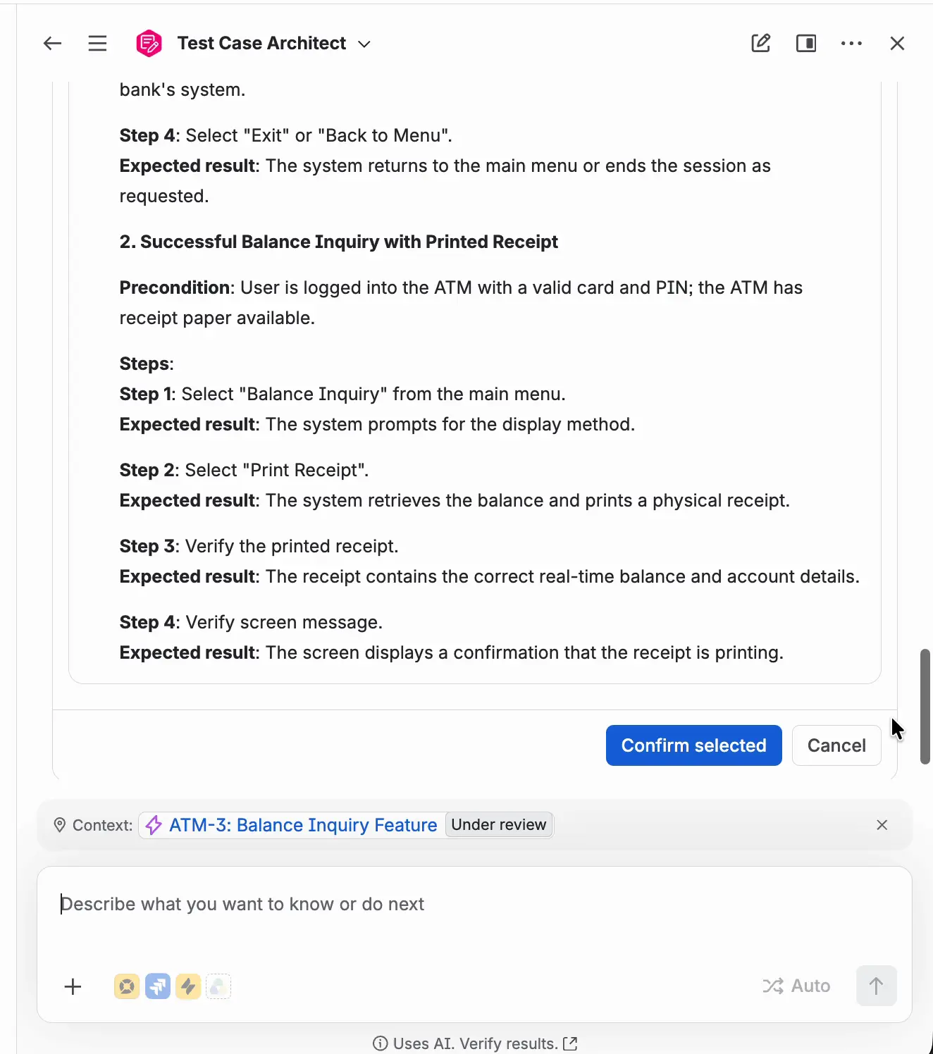 The bottom of the Please review card with the Confirm selected and Cancel buttons.