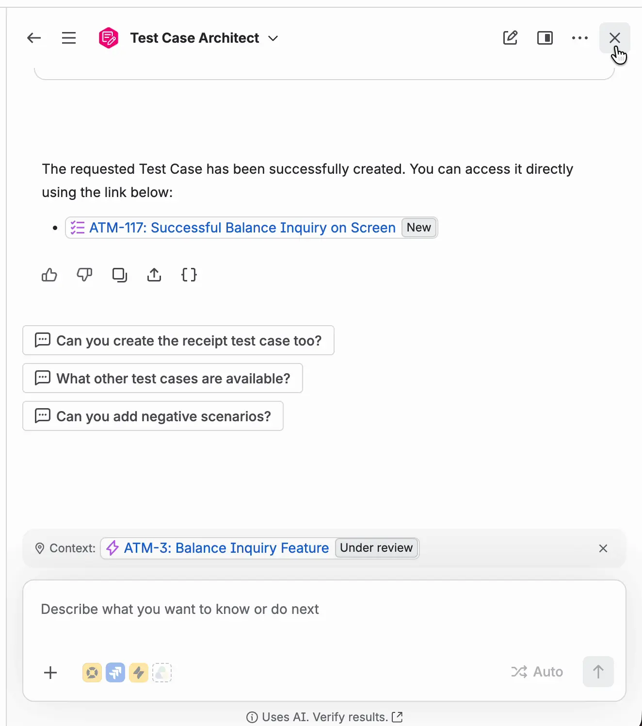 The agent's reply after creation, saying the Test Case was created, with a link to the new Test Case and suggested follow-up questions below.