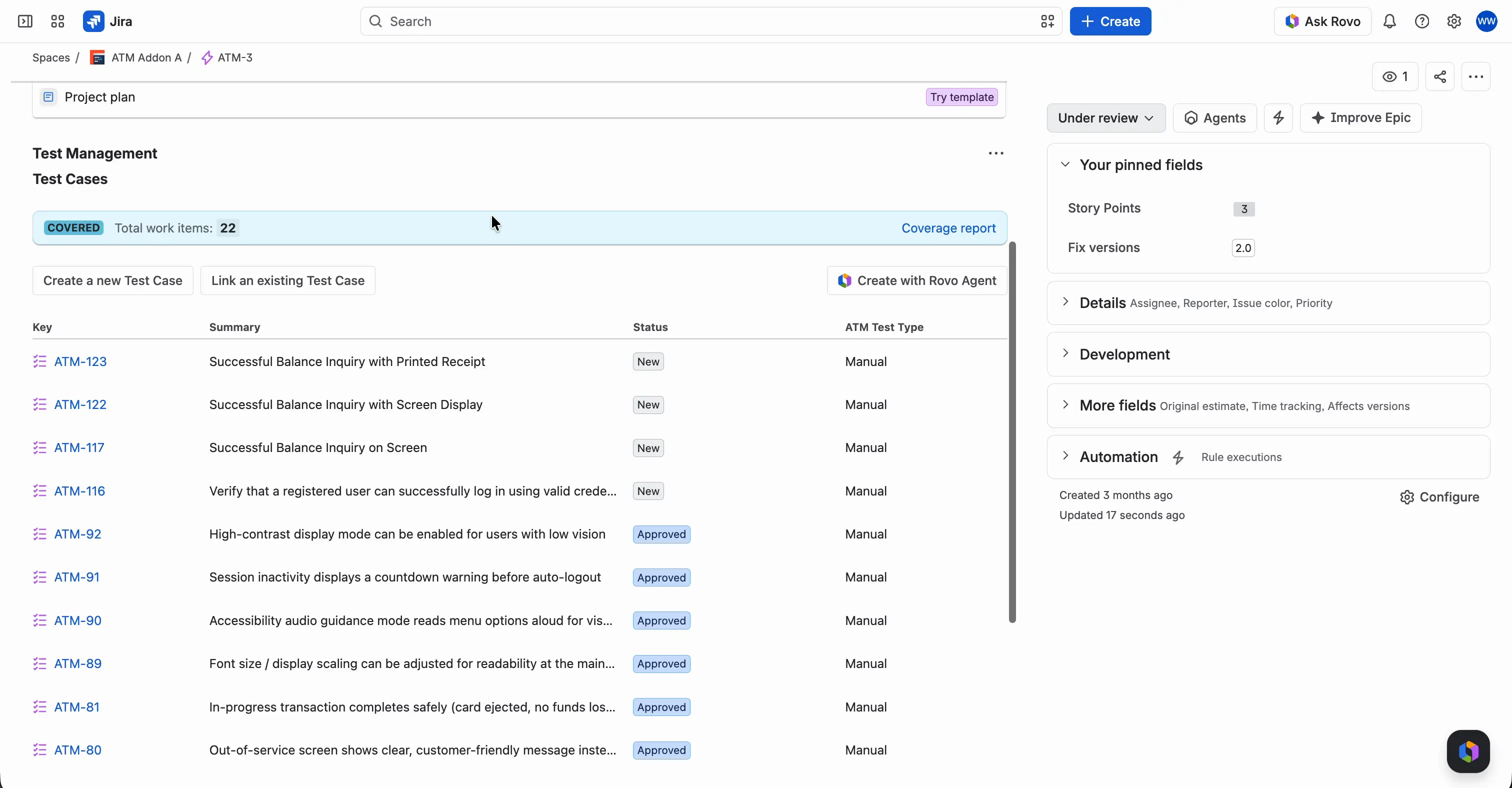 The Test Management panel on the requirement after a page refresh. The new Test Cases appear in the table.