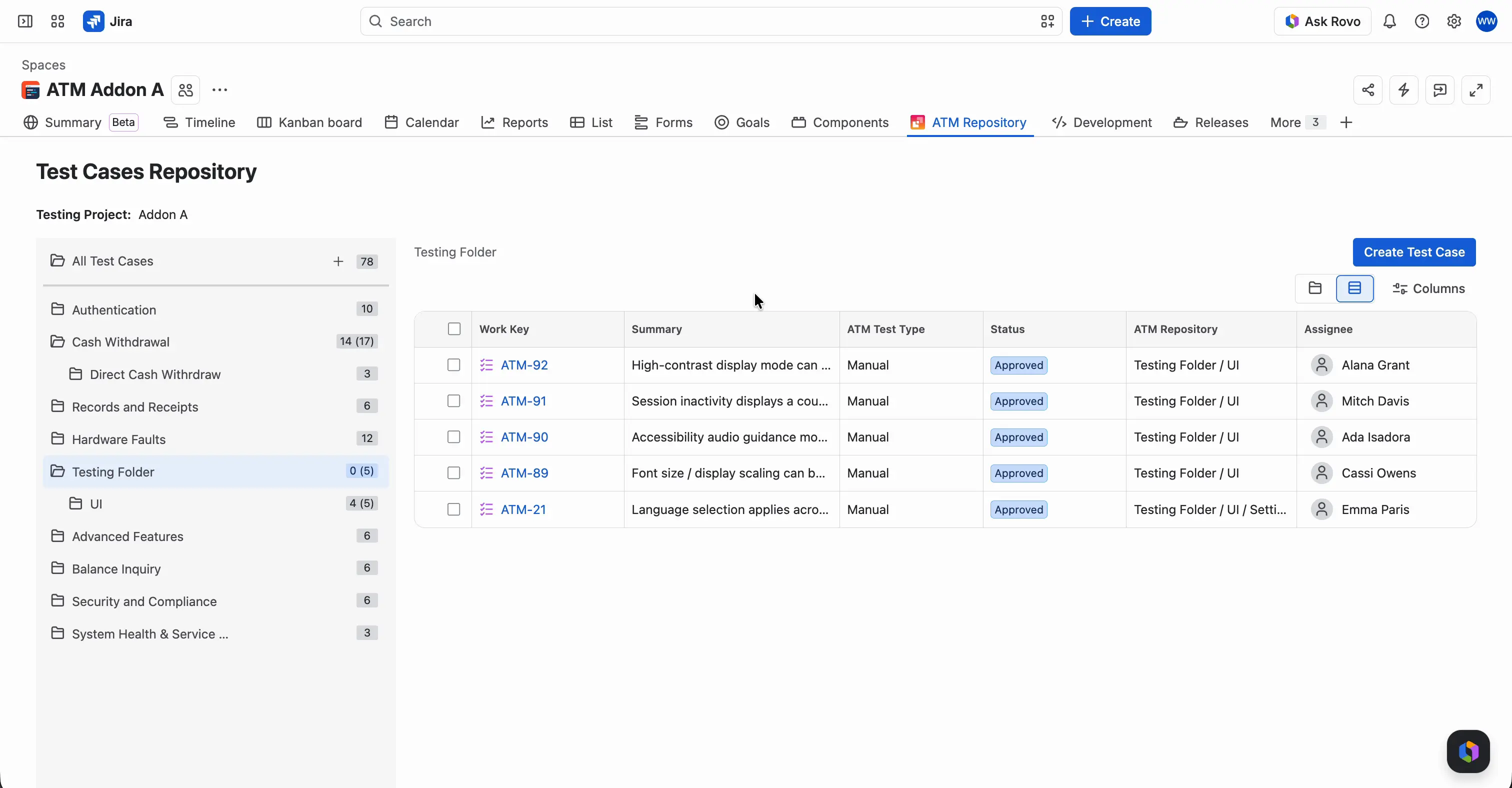 A space with the ATM Repository tab open. The Test Cases Repository page shows the Testing Project: label, the folder tree on the left, and the Test Cases of the selected folder on the right.