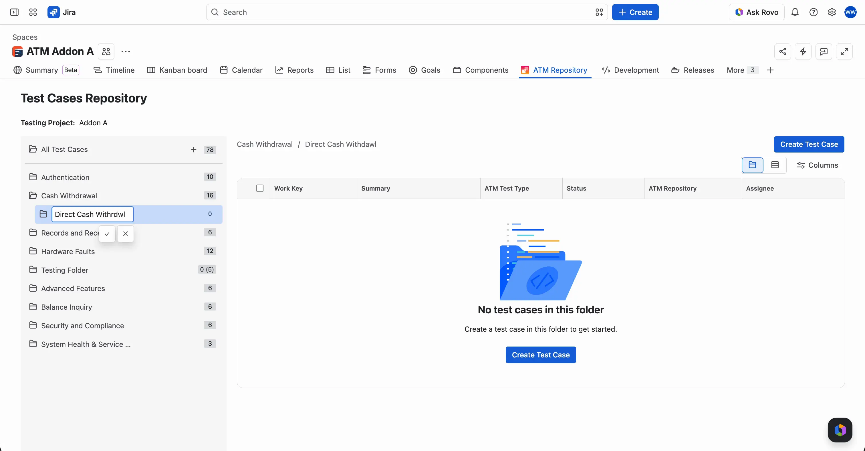 A new subfolder in the tree with its name field open, and the check mark and cross buttons below the field.