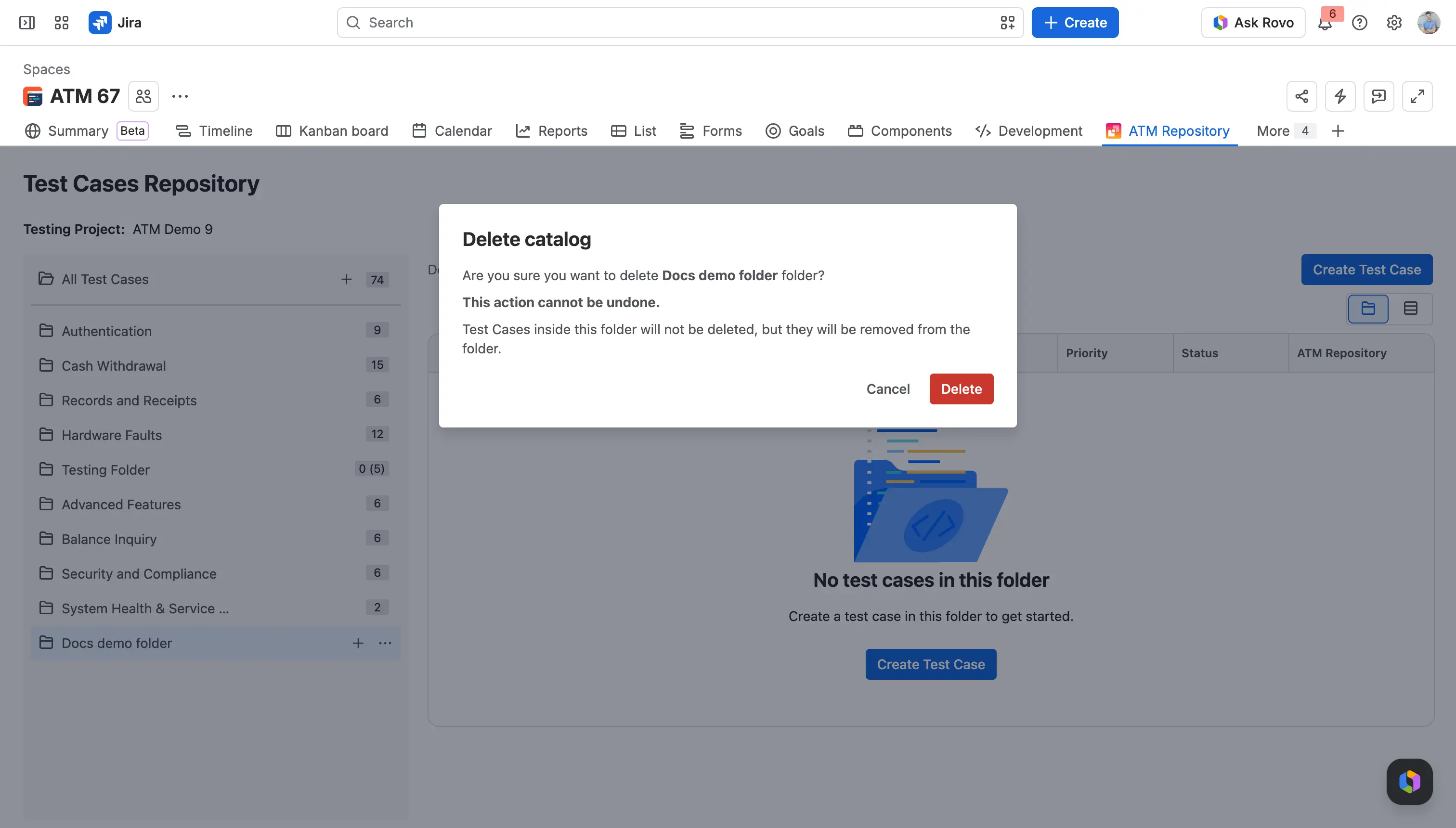 The Delete catalog window. It says the action can't be undone and that the Test Cases will be removed from the folder, with the Cancel and Delete buttons.