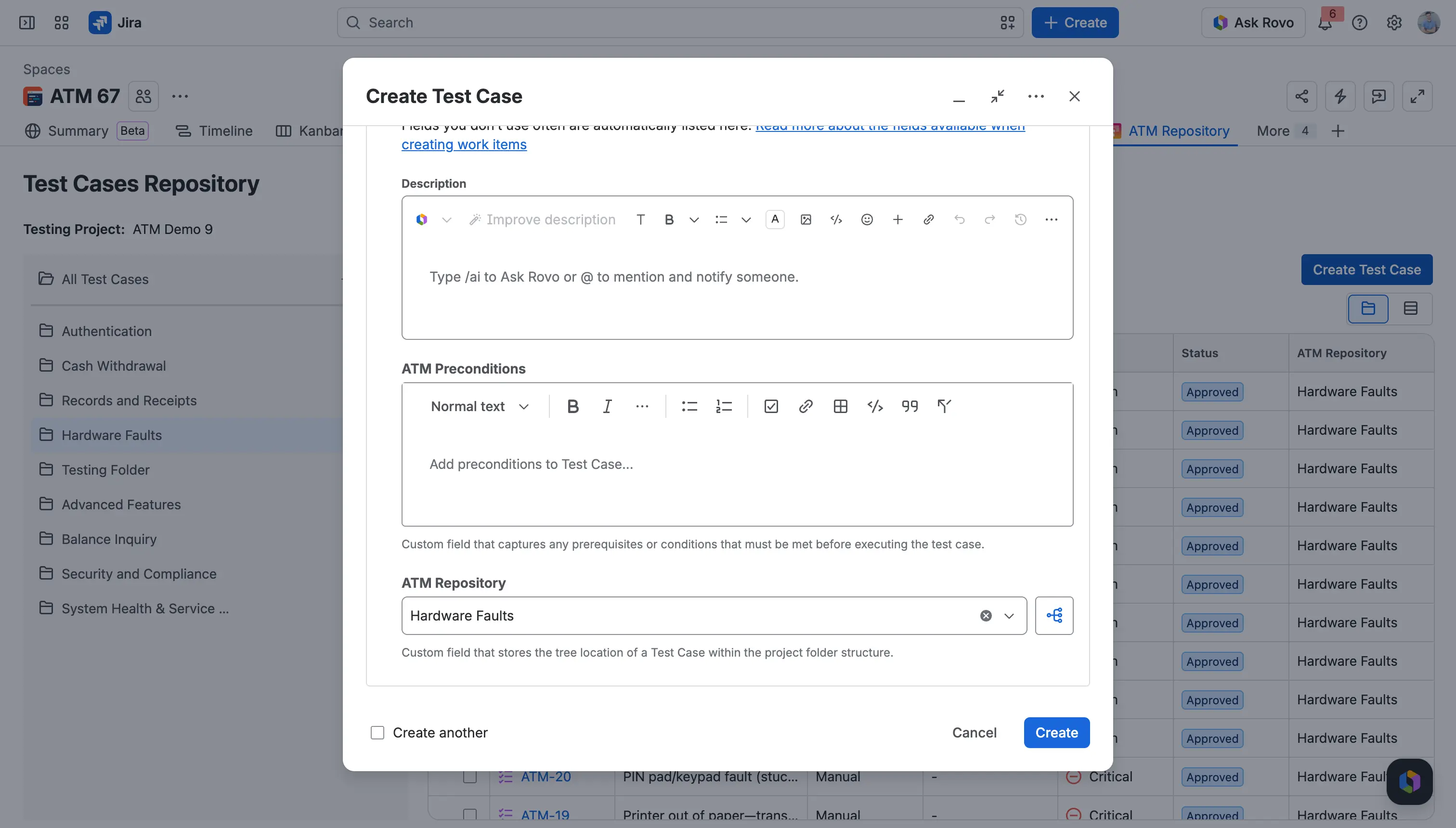 The Jira Create dialog for a Test Case opened from a folder. The ATM Repository field is set to that folder, with the tree icon button next to it.