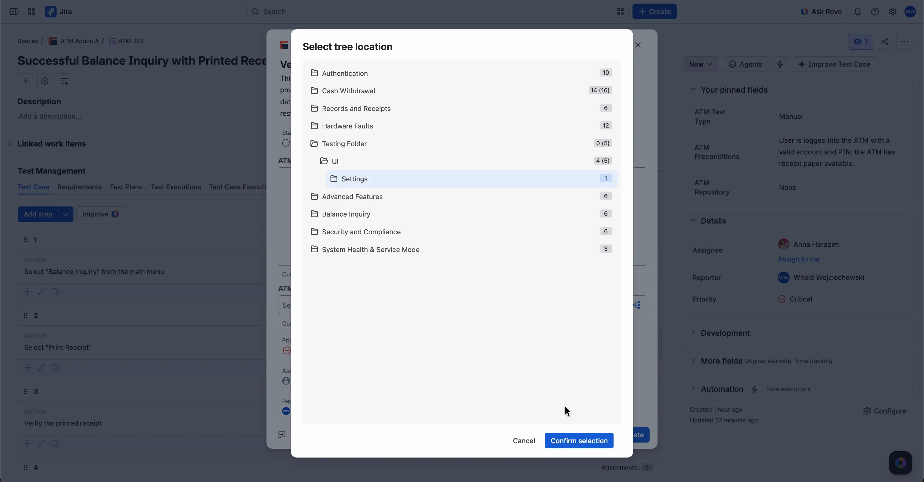 The Select tree location window with the folder tree, the number of Test Cases in each folder, and the Cancel and Confirm selection buttons.