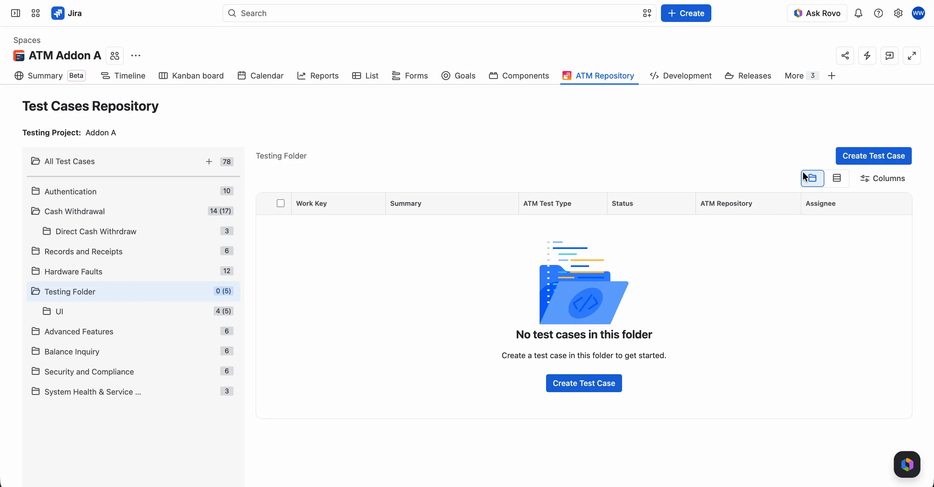A parent folder selected with the folder-only view on. The table is empty and shows No test cases in this folder with a Create Test Case button.