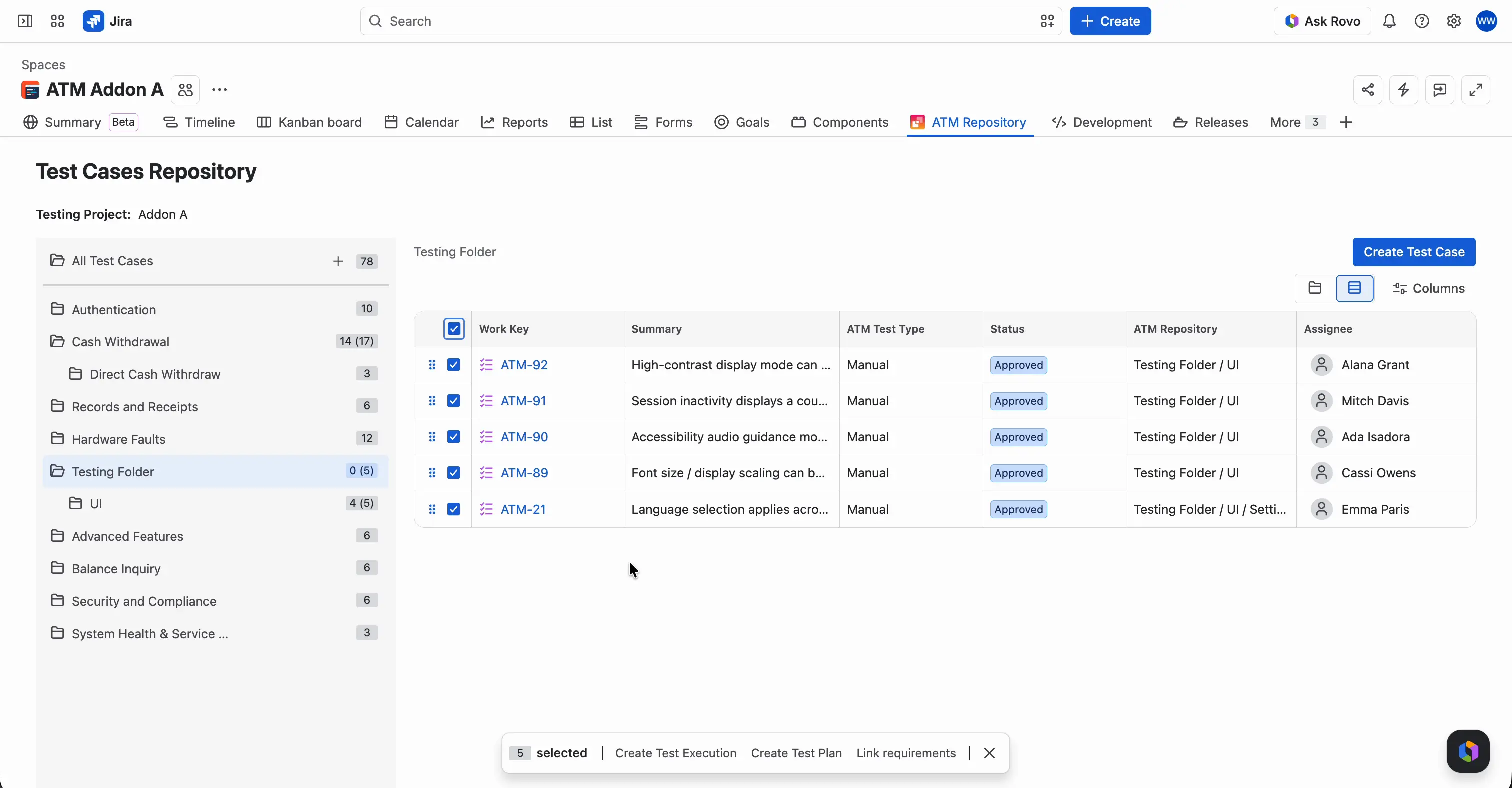 Test Cases selected with checkboxes in a folder of the ATM Repository. The bar at the bottom shows the number of selected Test Cases and the Create Test Execution, Create Test Plan, and Link requirements actions.
