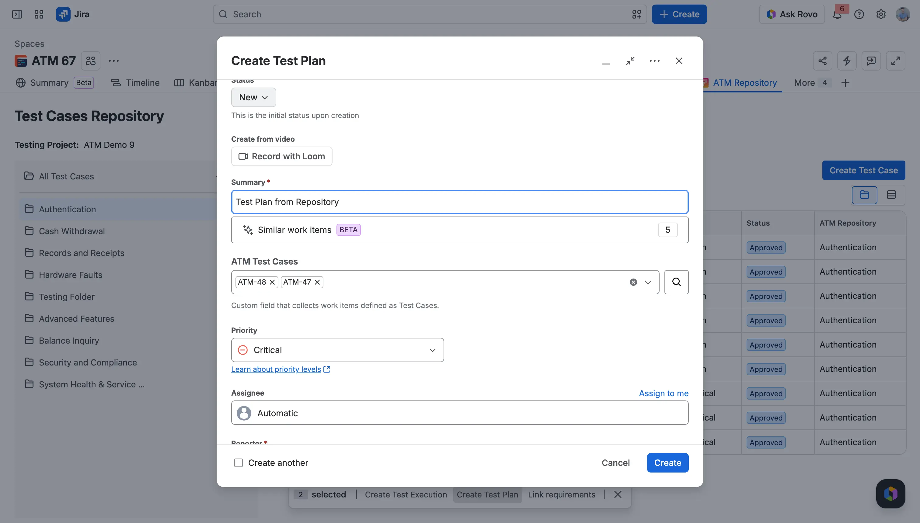 The Create Test Plan dialog opened from the repository, with the summary Test Plan from Repository and the keys of the selected Test Cases in the ATM Test Cases field.