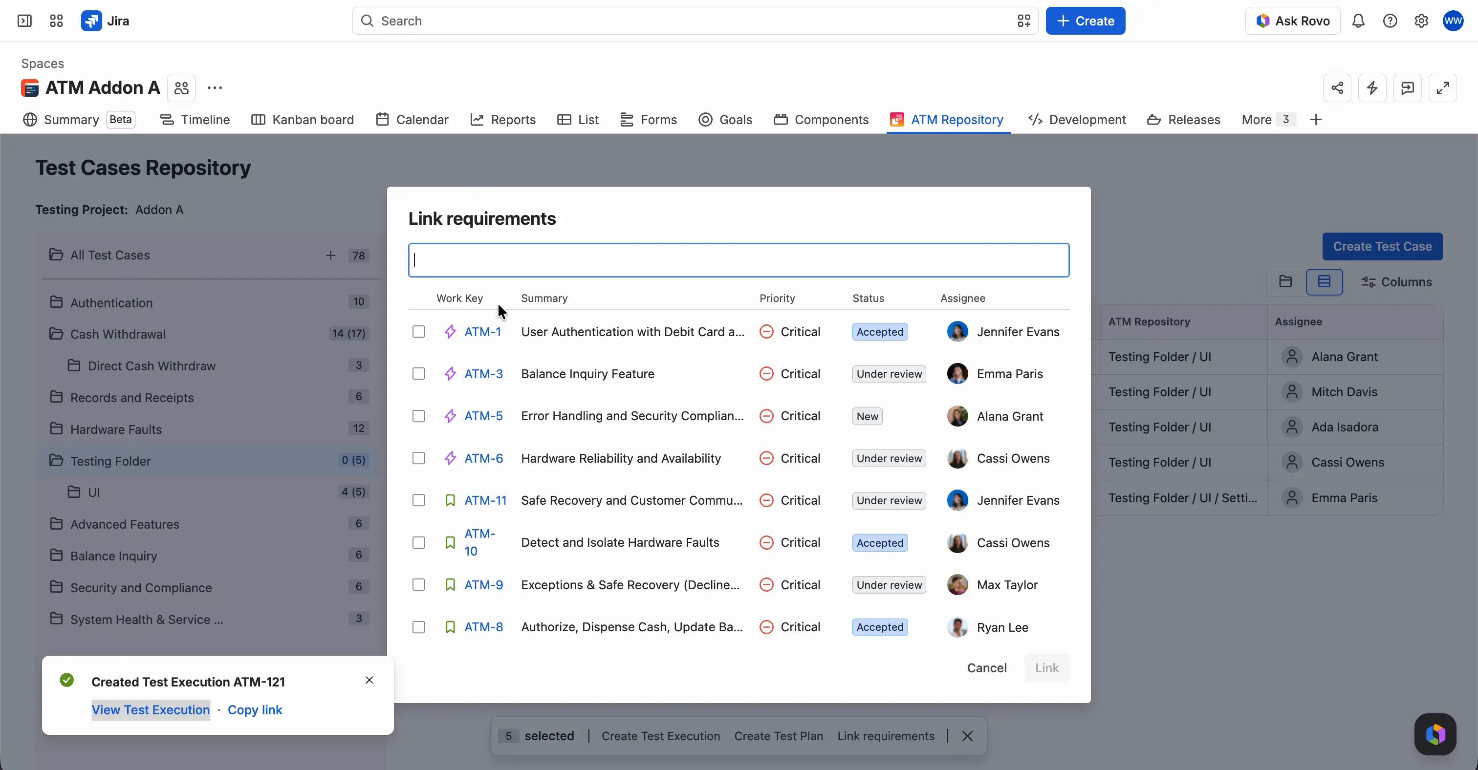The Link requirements window with a search box and a list of requirements with their key, summary, priority, status, and assignee.